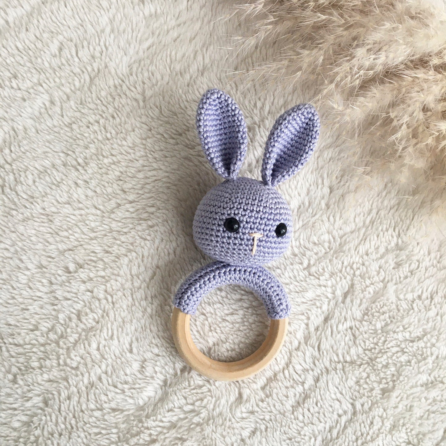 Crochet Bunny Rattle: Organic Cotton, Wooden Baby Toy