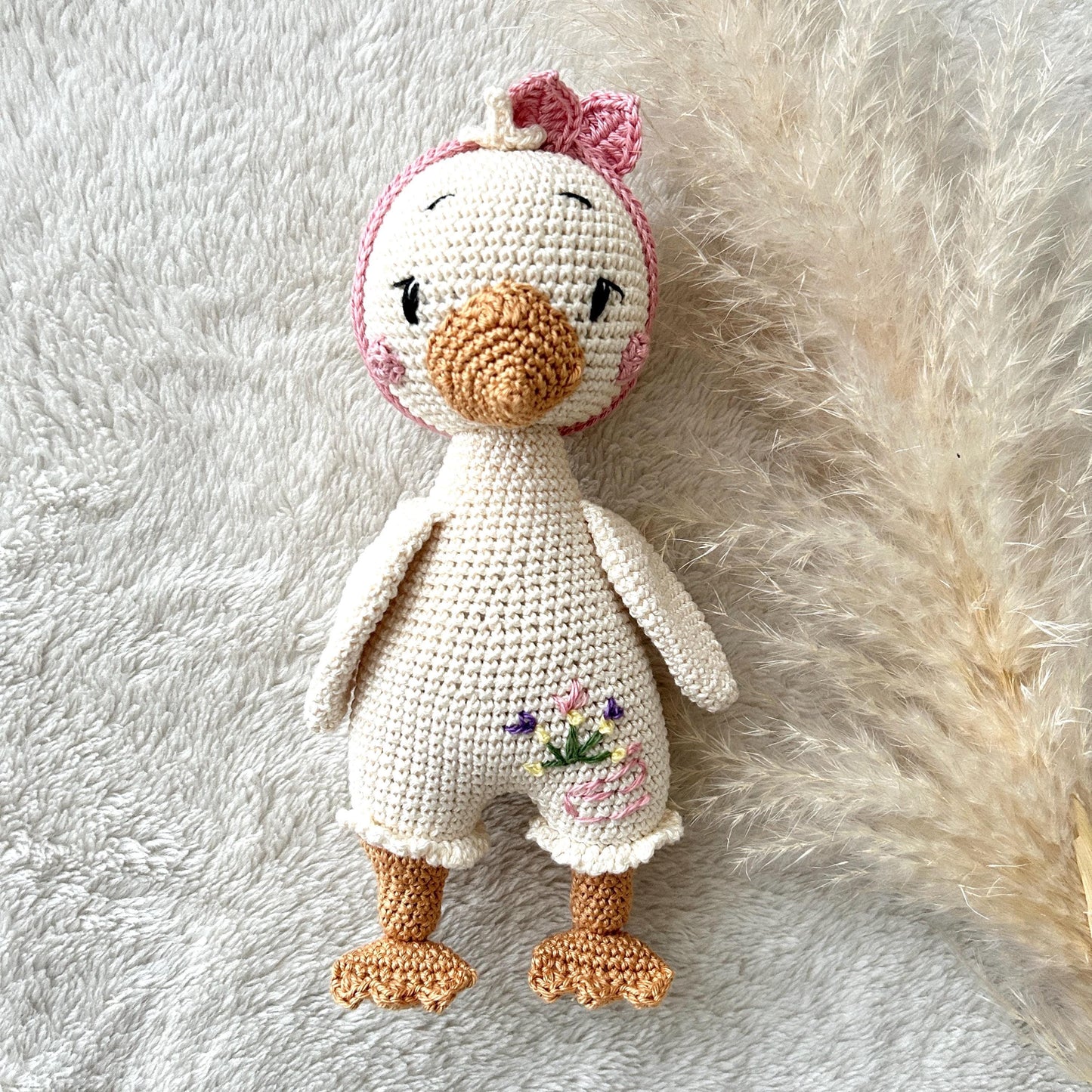 Handmade Crochet Duck Toy: Organic Cotton Amigurumi Doll, Natural Cotton, Babyshower