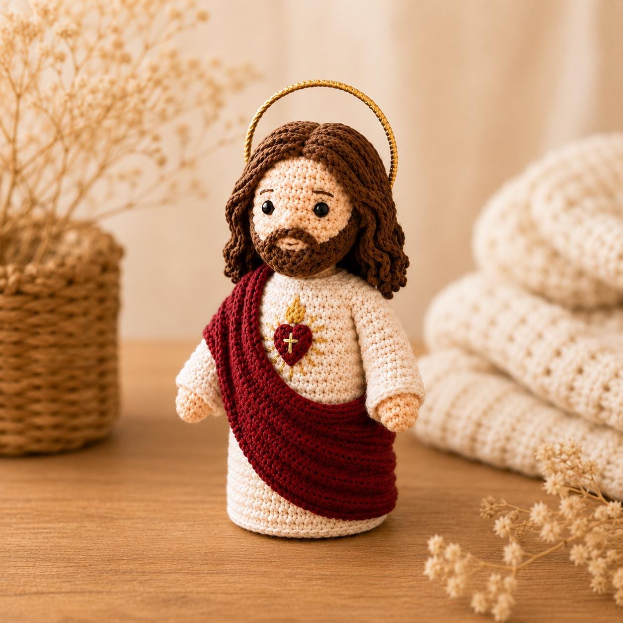 Sacred Heart of Jesus Crochet Doll - Handmade Catholic Amigurumi Figurine Religious Home Decor