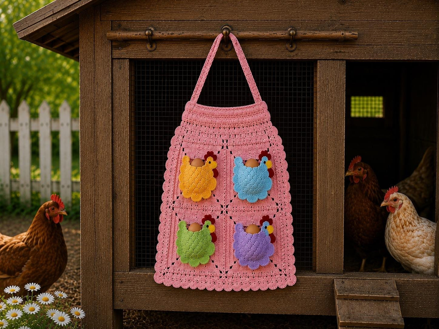 Viral Kids Crocheted Chicken Egg Collecting Apron, Farmhouse Coop Pockets, Handmade Knitted Design