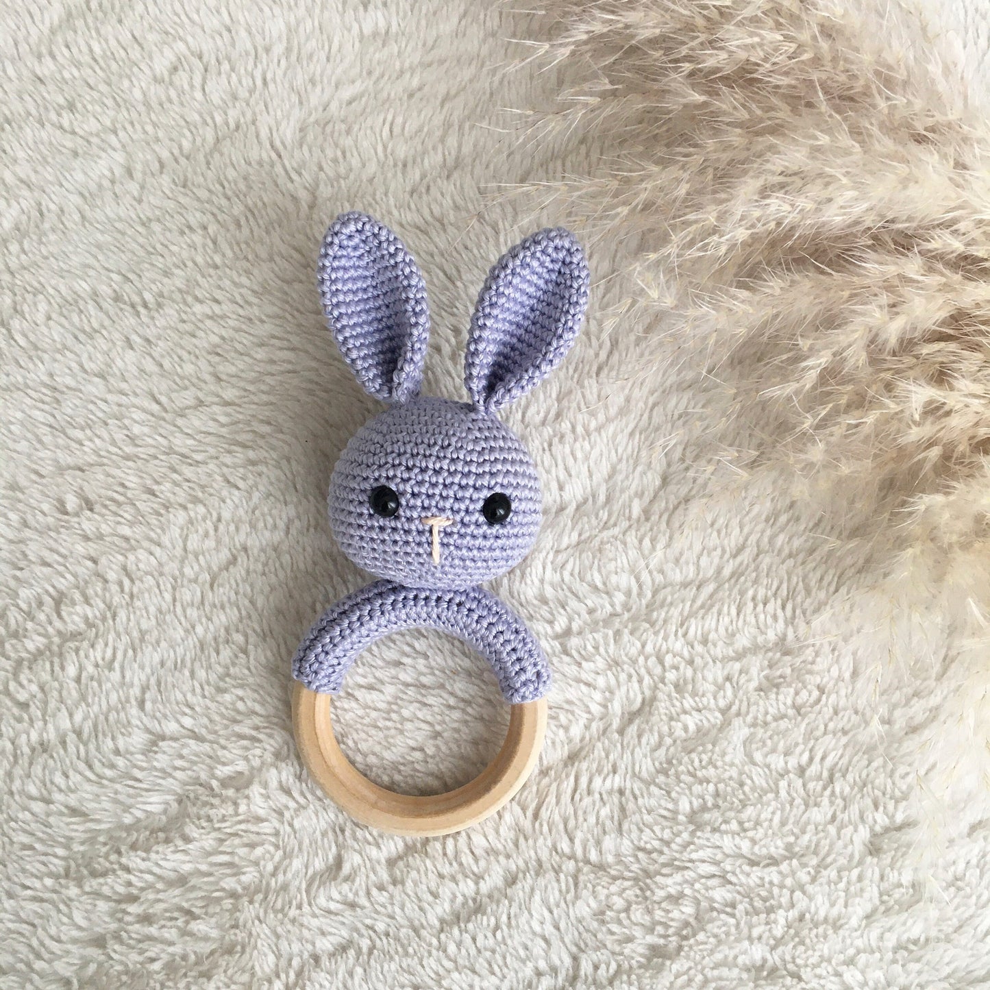 Crochet Bunny Rattle: Organic Cotton, Wooden Baby Toy