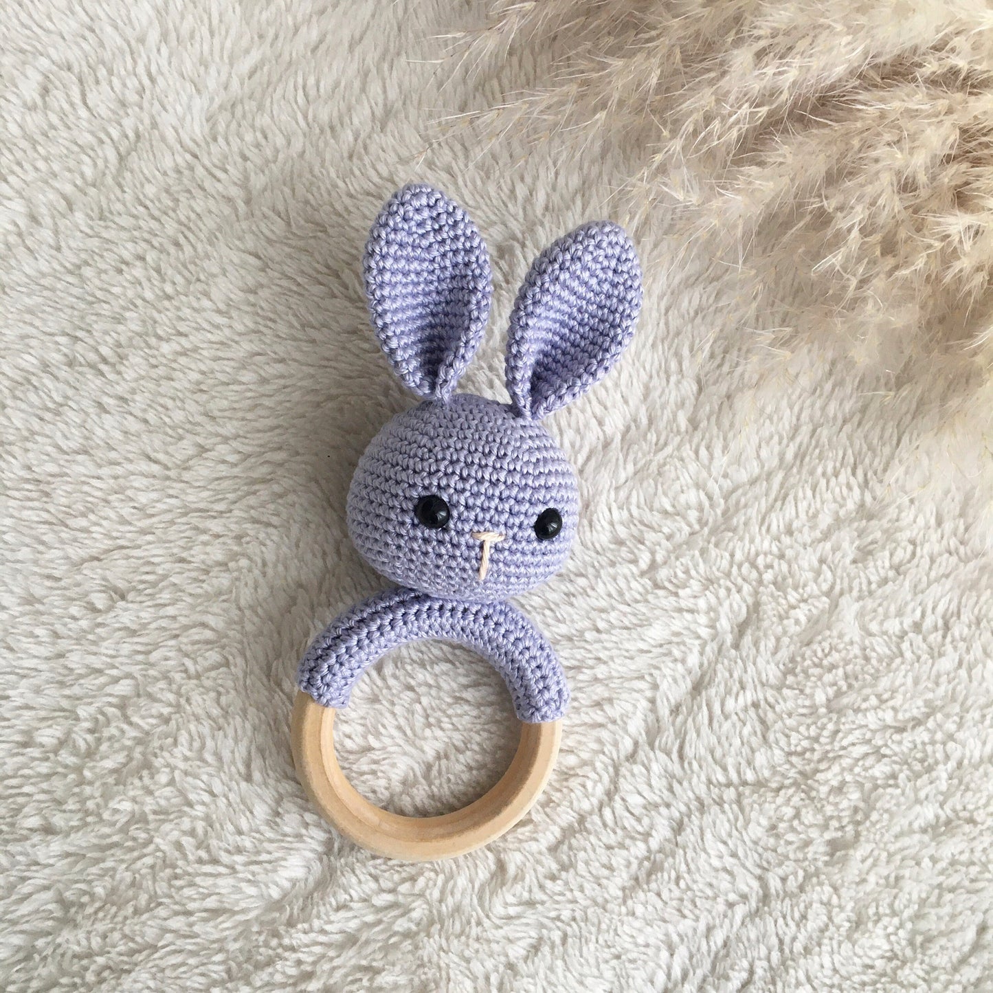 Crochet Bunny Rattle: Organic Cotton, Wooden Baby Toy
