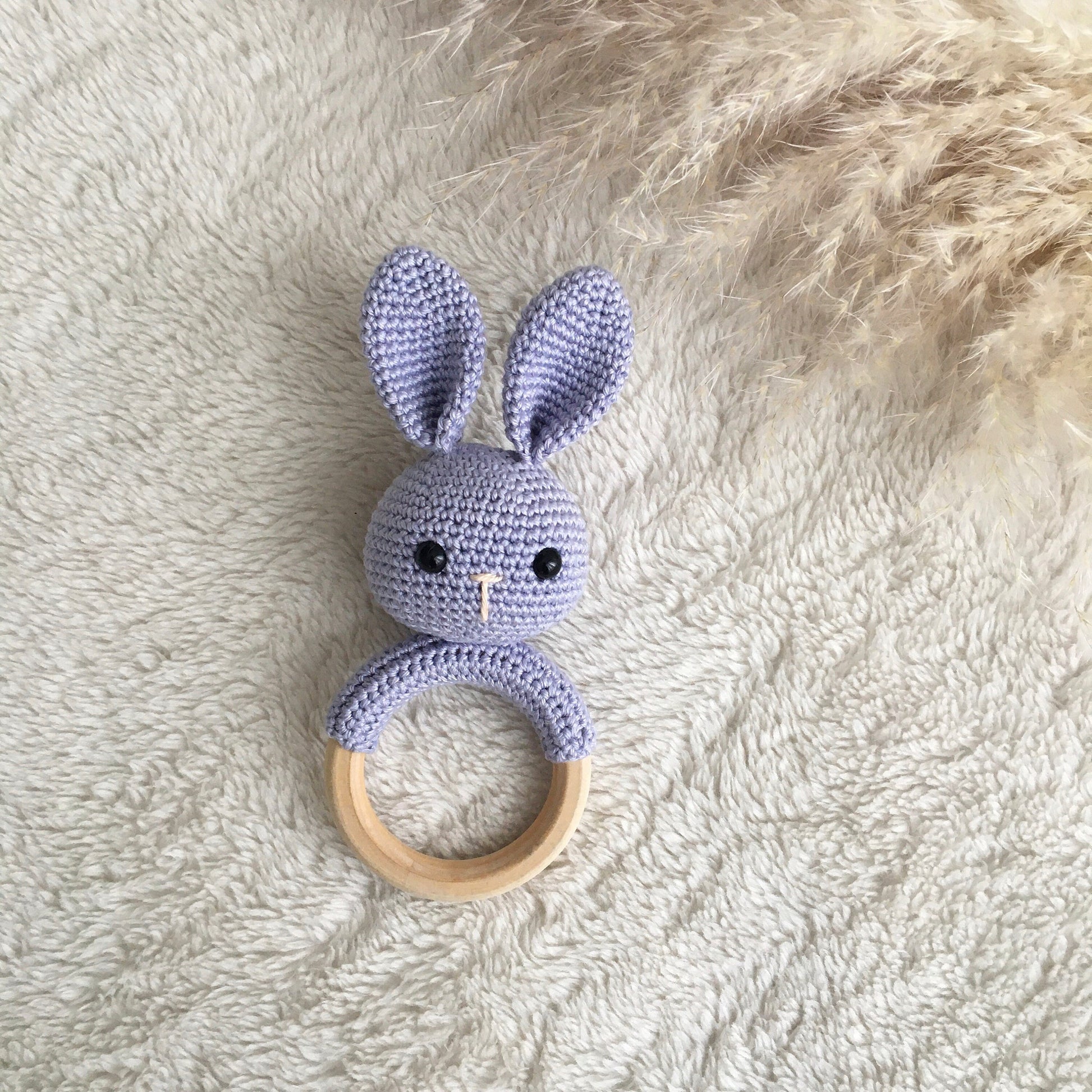 Crochet Bunny Rattle: Organic Cotton, Wooden Baby Toy