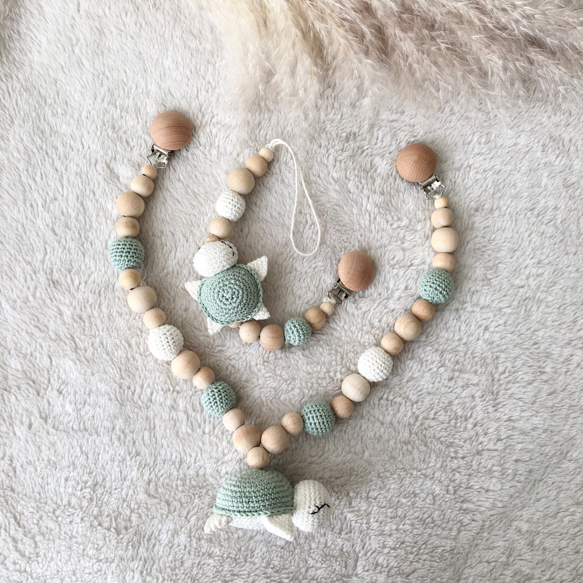 Personalized Crochet Turtle Pacifier Chain & Rattle Set