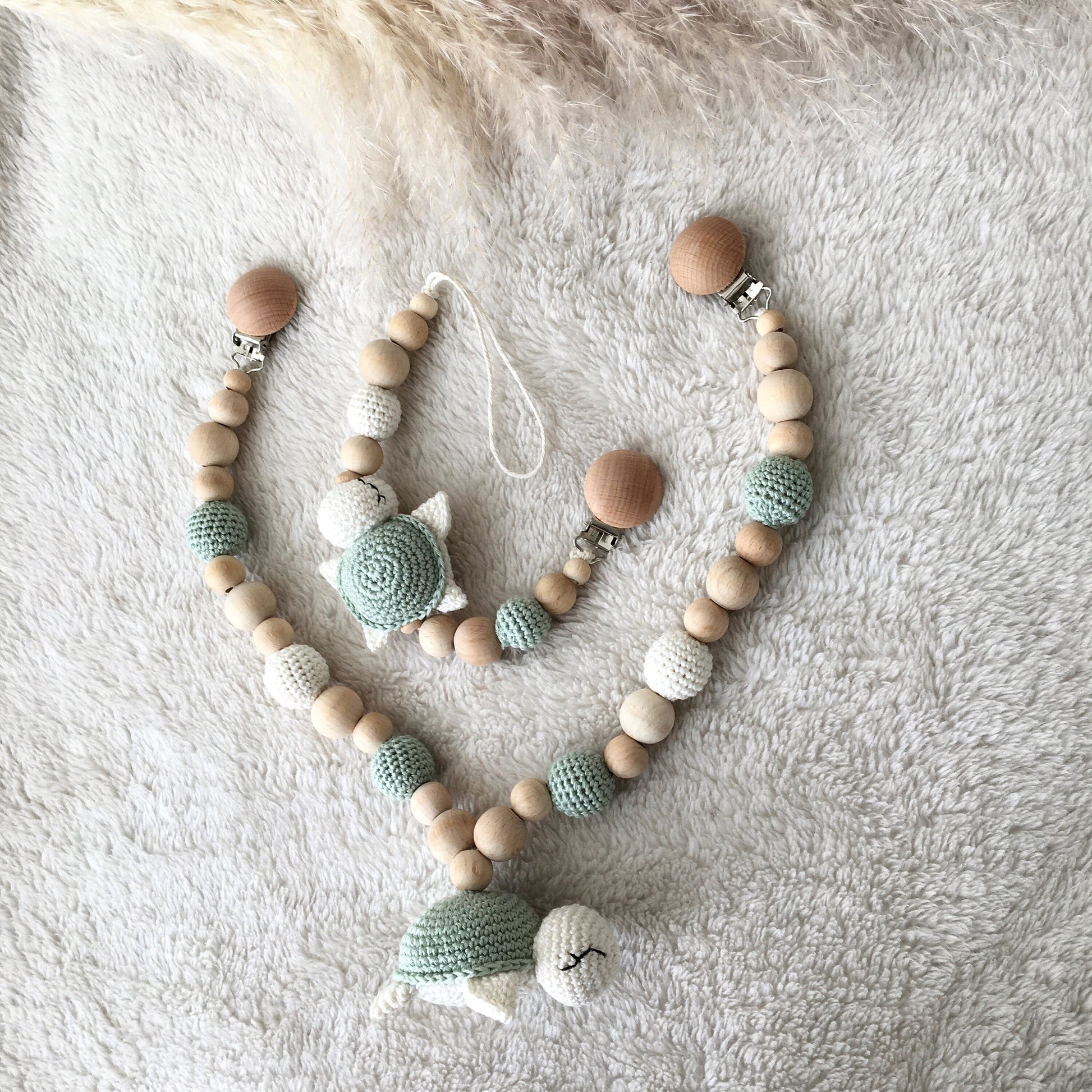 Personalized Crochet Turtle Pacifier Chain & Rattle Set