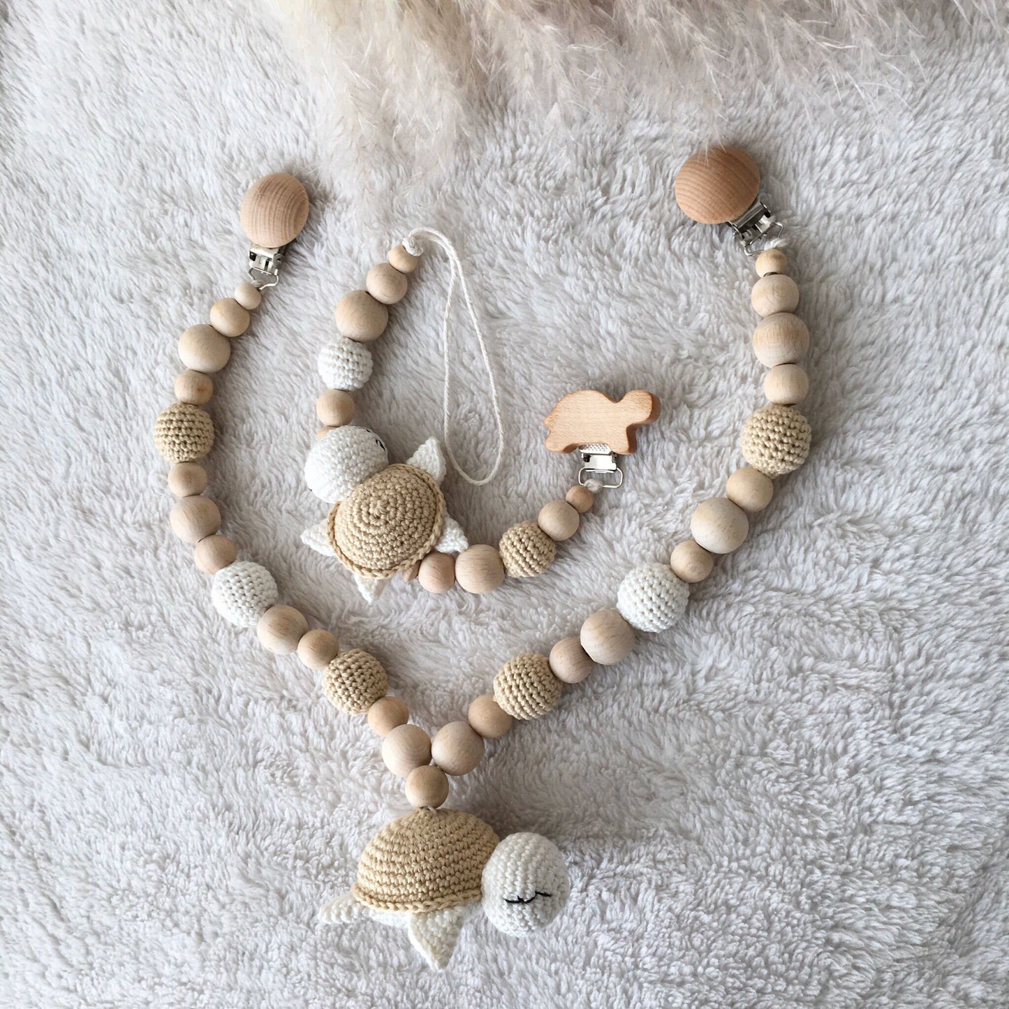 Personalized Crochet Turtle Baby Rattle Set: Wooden Pacifier Chain
