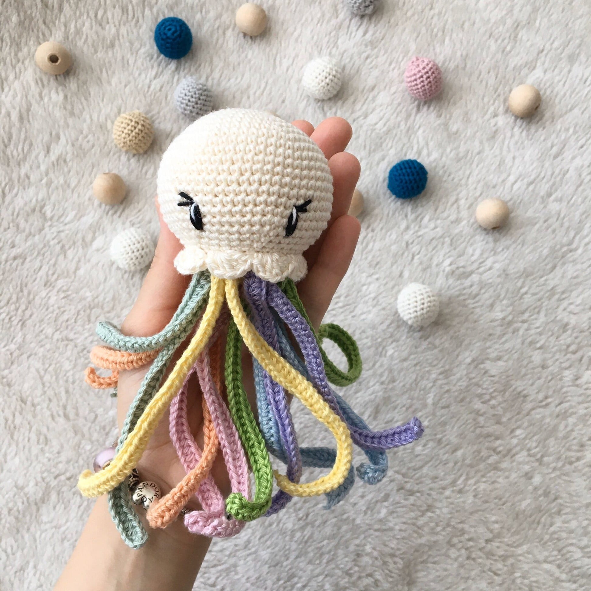 Crochet Jellyfish Rattle: Rainbow Octopus Baby Toy