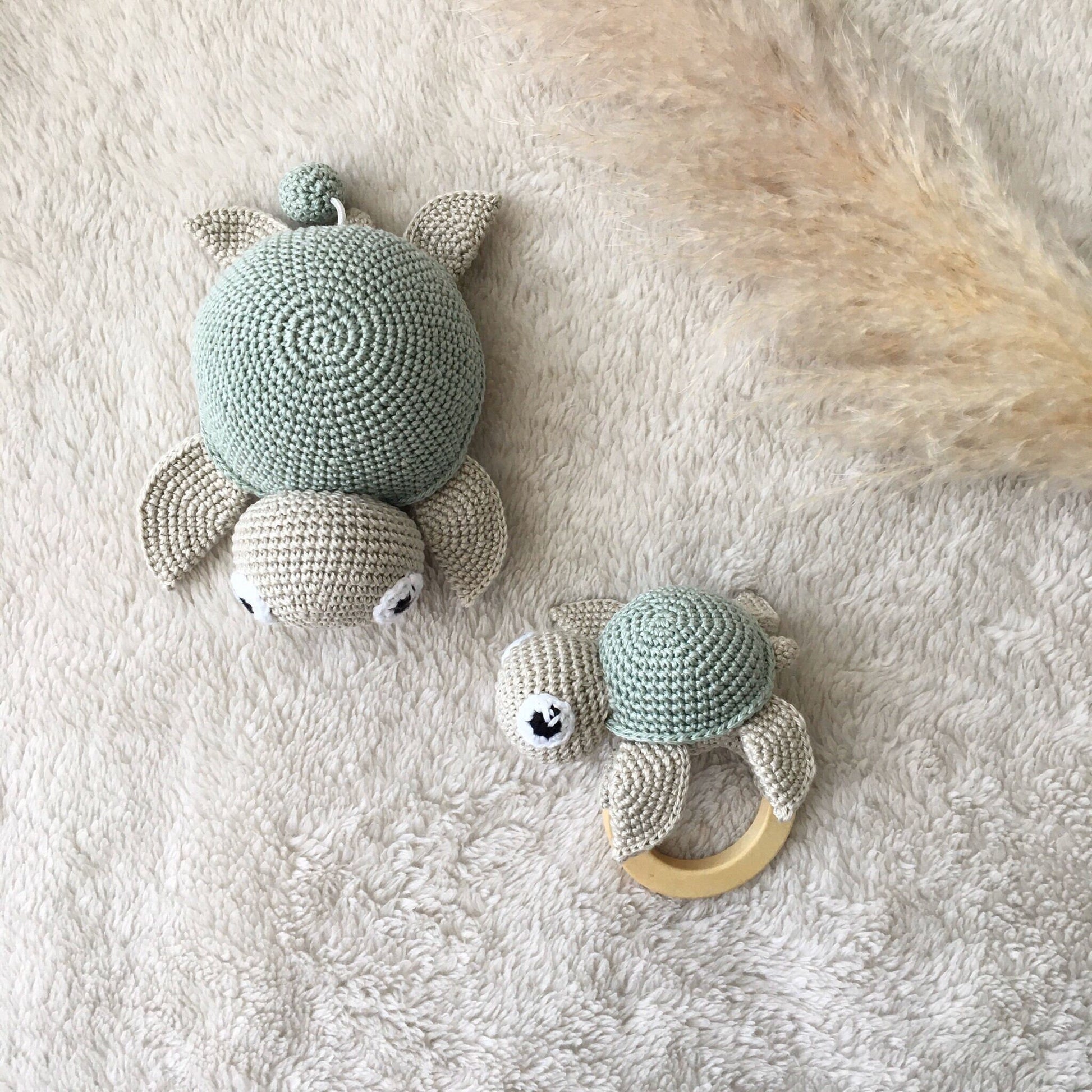 Crochet Turtle Baby Rattle Set: Organic Cotton Amigurumi Musical Toy