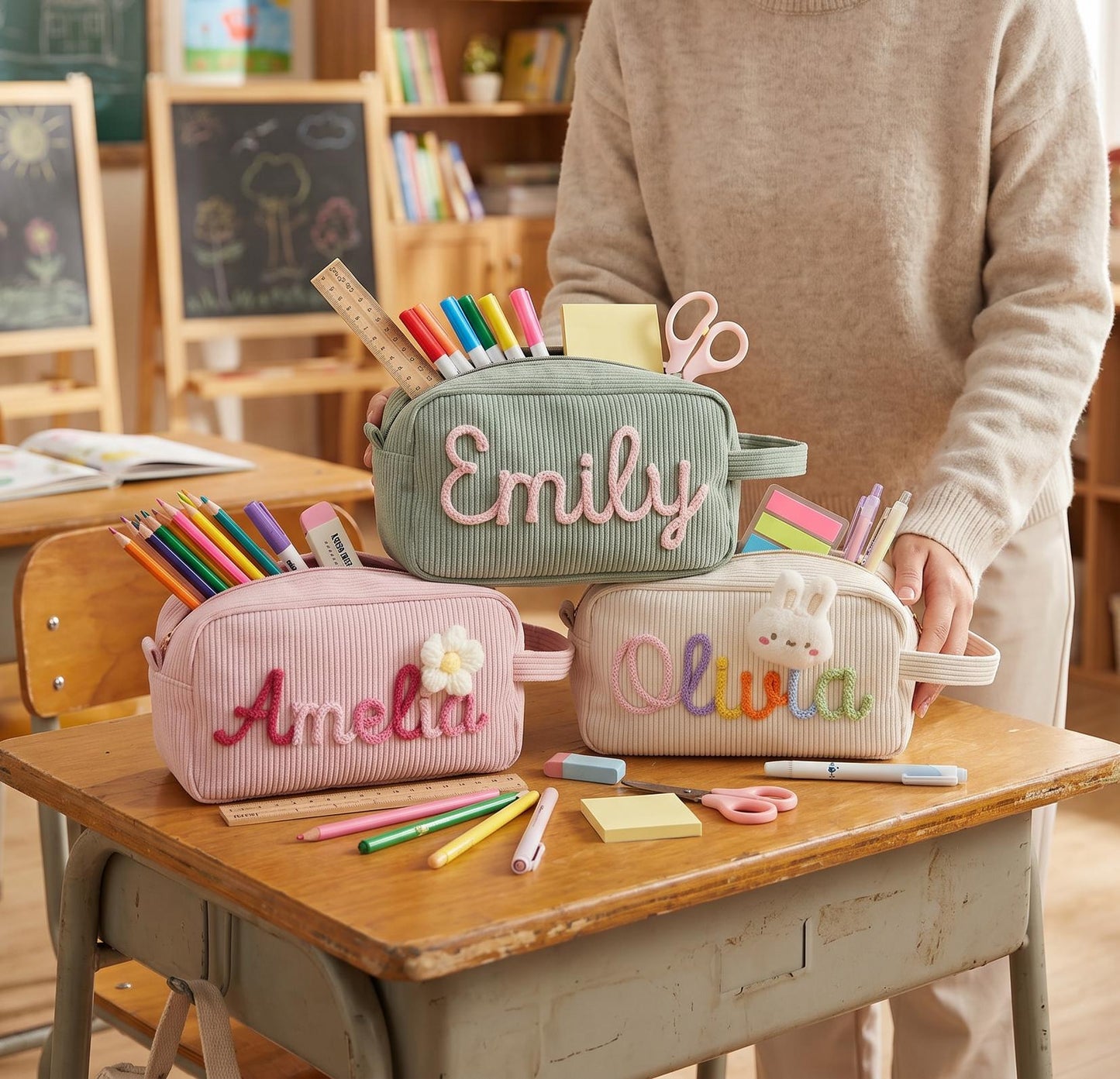 Personalized Name Corduroy Pencil Bag: Custom Children's Gift,Custom Zipper Pencil Case,Baby Shower Gifts, Makeup bags,Mother's day Gift