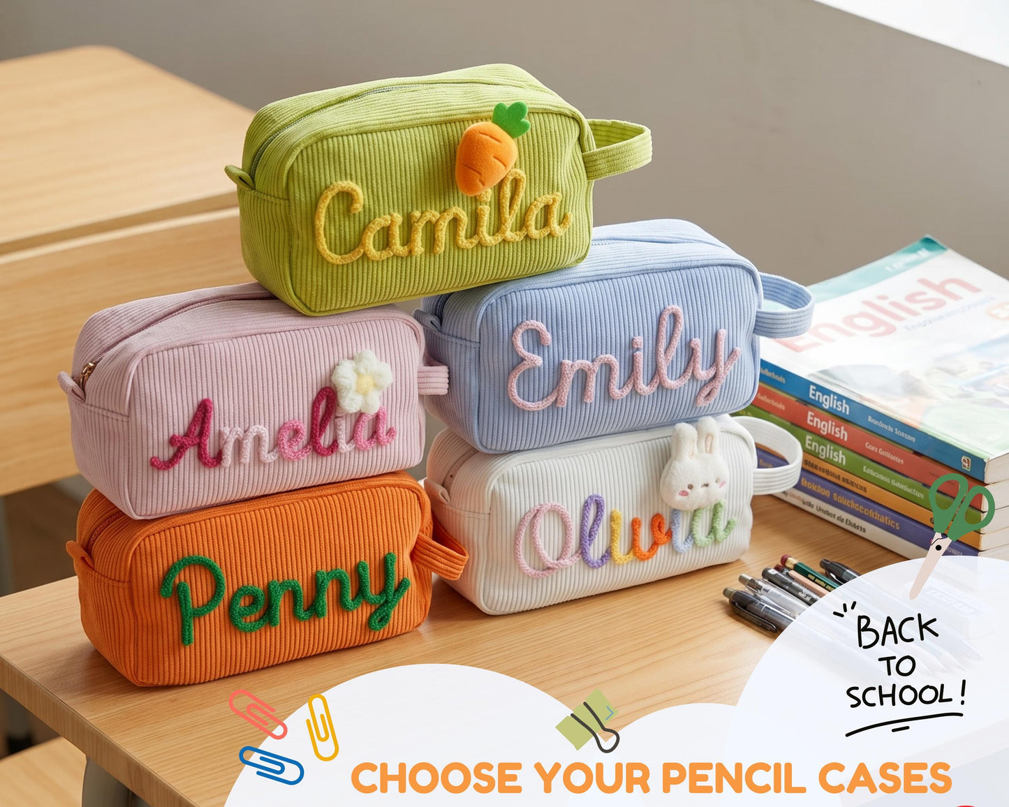 Personalized Name Corduroy Pencil Case: Custom Children's Gift,Custom Zipper Pencil Case,Baby Shower Gifts, Makeup bags,Back to School