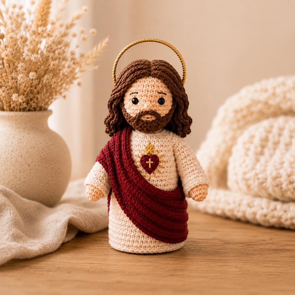 Sacred Heart of Jesus Crochet Doll - Handmade Catholic Amigurumi Figurine Religious Home Decor