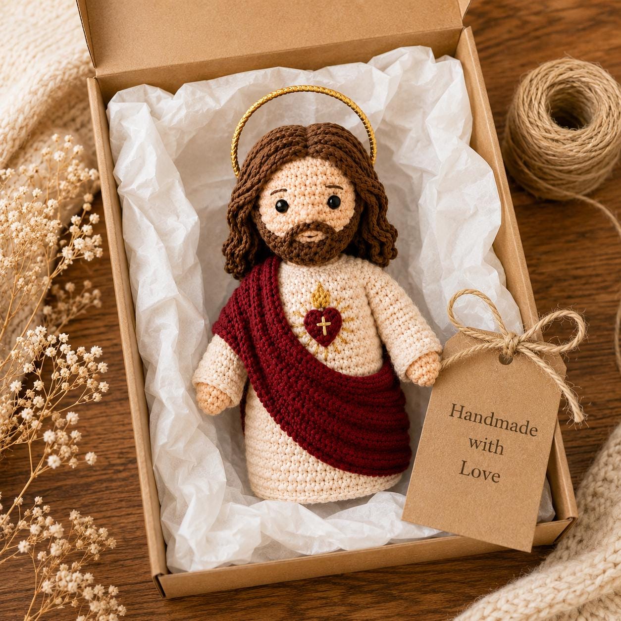 Sacred Heart of Jesus Crochet Doll - Handmade Catholic Amigurumi Figurine Religious Home Decor