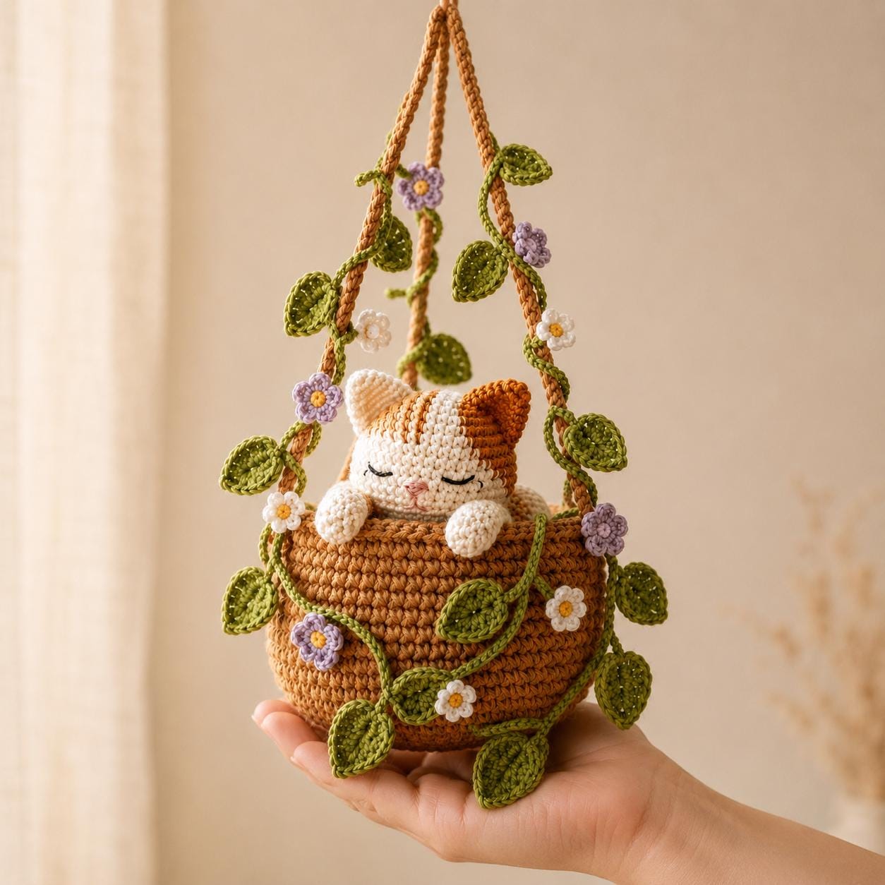 Crochet Calico Cat Hanging Plant Pot, Cute Kitten in Basket, Cat Plant Wall Decor, Unique Handcrafted Cat Lover Gift, Gift For Her