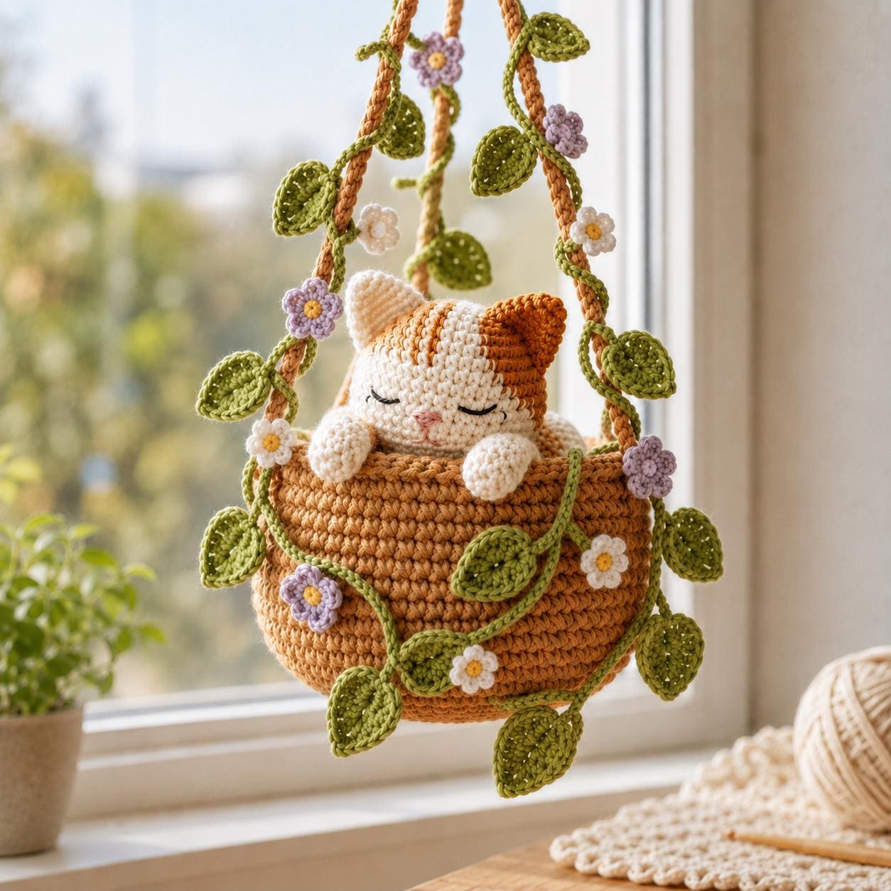 Crochet Calico Cat Hanging Plant Pot, Cute Kitten in Basket, Cat Plant Wall Decor, Unique Handcrafted Cat Lover Gift, Gift For Her