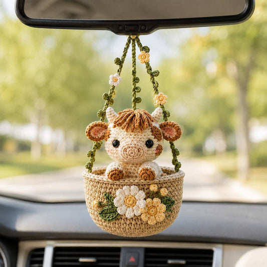 Crochet Highland Cow Car Hanging, Floral Cow Rearview Mirror Charm, Handmade Cow Basket Ornament, Cottagecore Car Decor, Cow Lover Gift