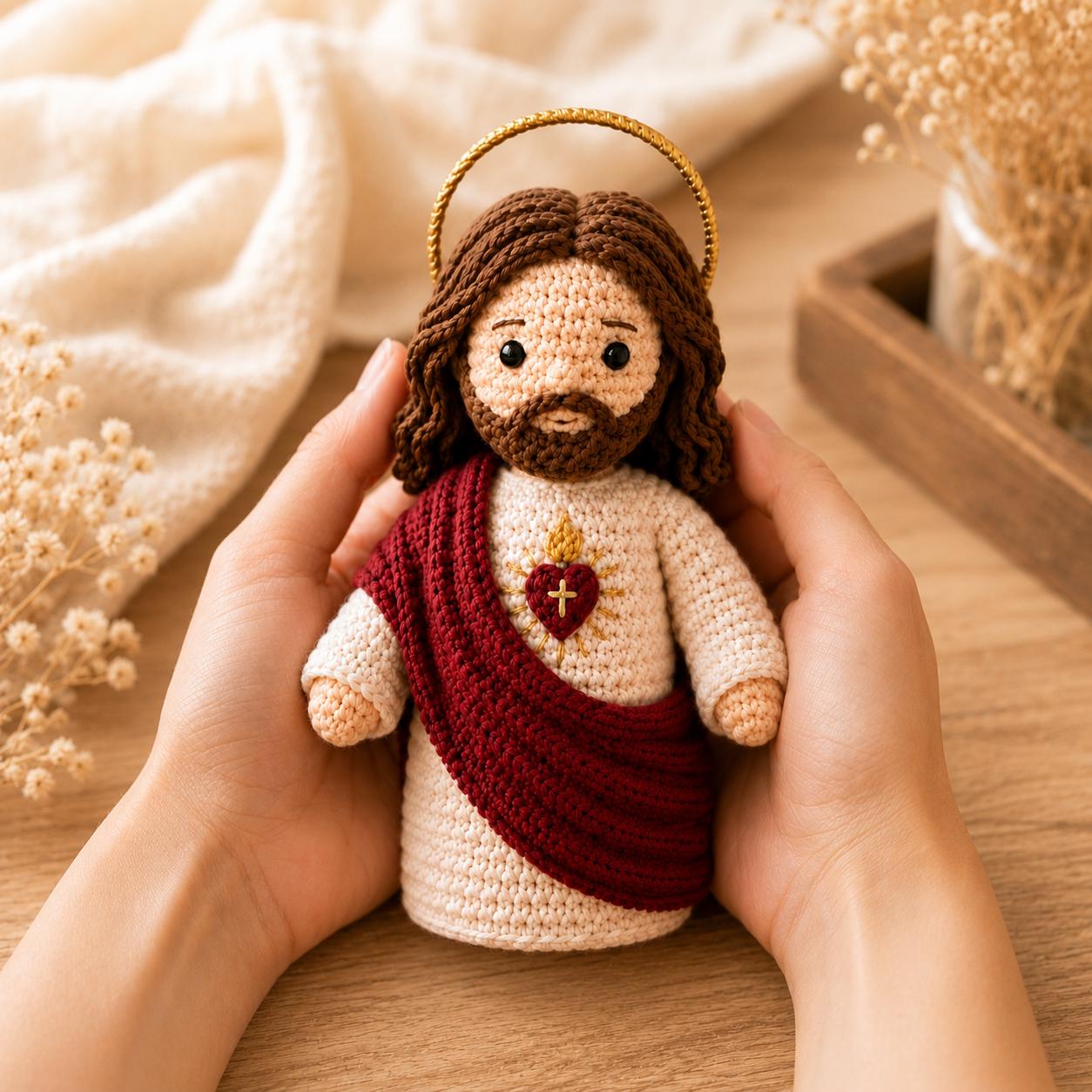 Sacred Heart of Jesus Crochet Doll - Handmade Catholic Amigurumi Figurine Religious Home Decor