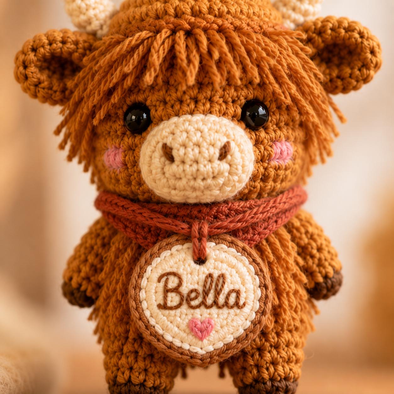 Personalized Highland Cow Crochet Car Charm, Custom Name Amigurumi Cow Rearview Mirror Accessory, Cute Farm Animal Plush Gift for New Driver