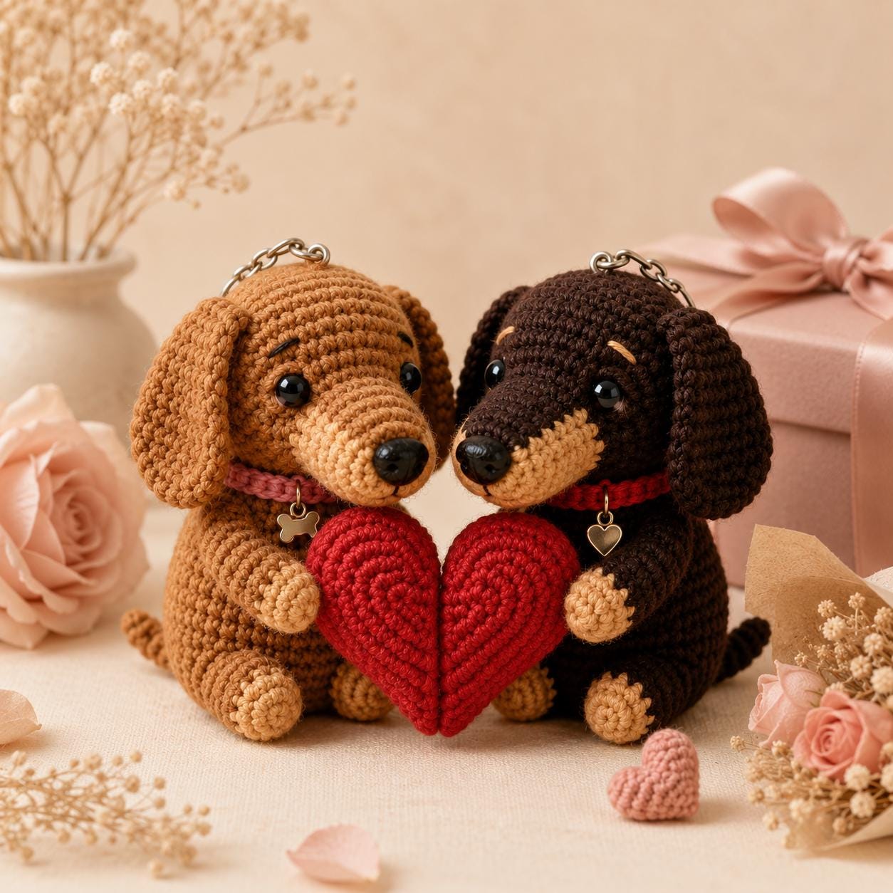 Magnetic Dachshund Couple Keychain Set, Crochet Wiener Dog Plush, Matching Couple Gift, Long Distance Relationship, Dog Lover Gift