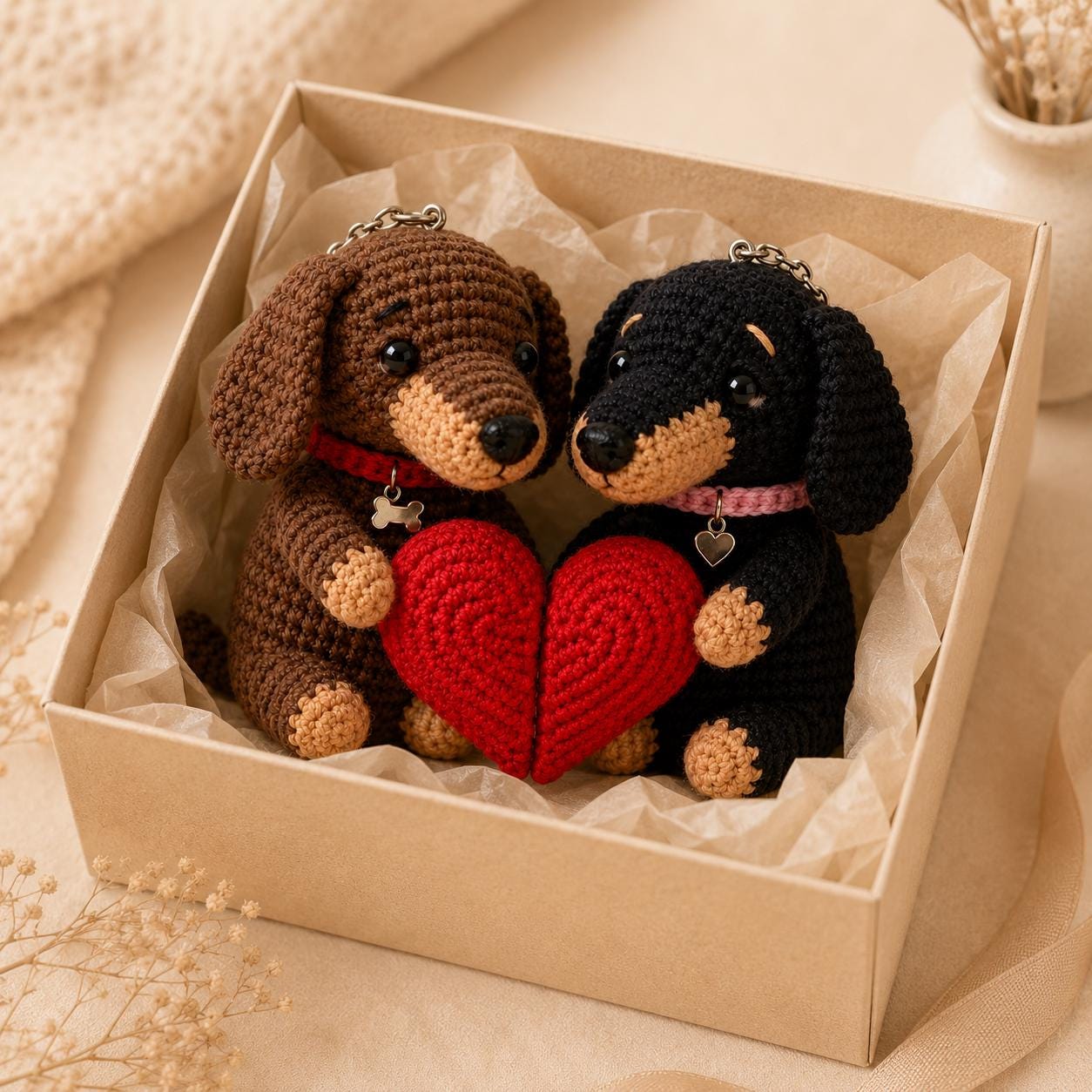 Magnetic Dachshund Couple Keychain Set, Crochet Wiener Dog Plush, Matching Couple Gift, Long Distance Relationship, Dog Lover Gift