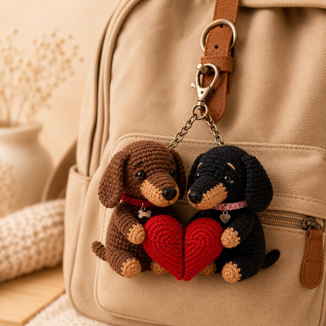 Magnetic Dachshund Couple Keychain Set, Crochet Wiener Dog Plush, Matching Couple Gift, Long Distance Relationship, Dog Lover Gift