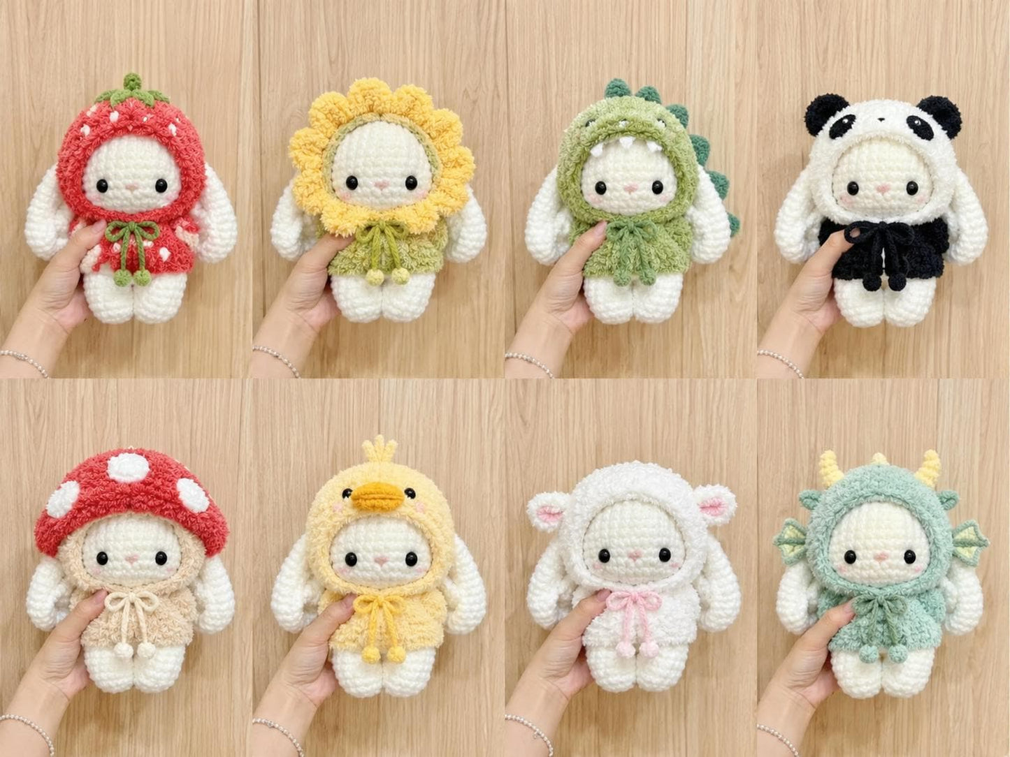 Kawaii Crochet Bunny Plush in Animal Costume, Amigurumi Stuffed Rabbit Toy, Cute Strawberry Dinosaur Duck Bunny Gift, Nursery Room Decor