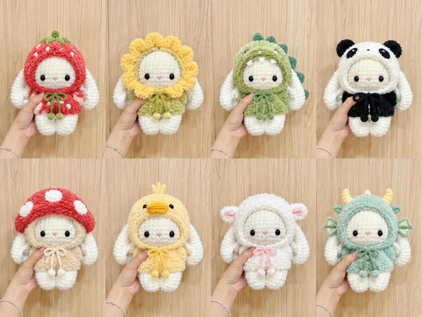 Kawaii Crochet Bunny Plush in Animal Costume, Amigurumi Stuffed Rabbit Toy, Cute Strawberry Dinosaur Duck Bunny Gift, Nursery Room Decor