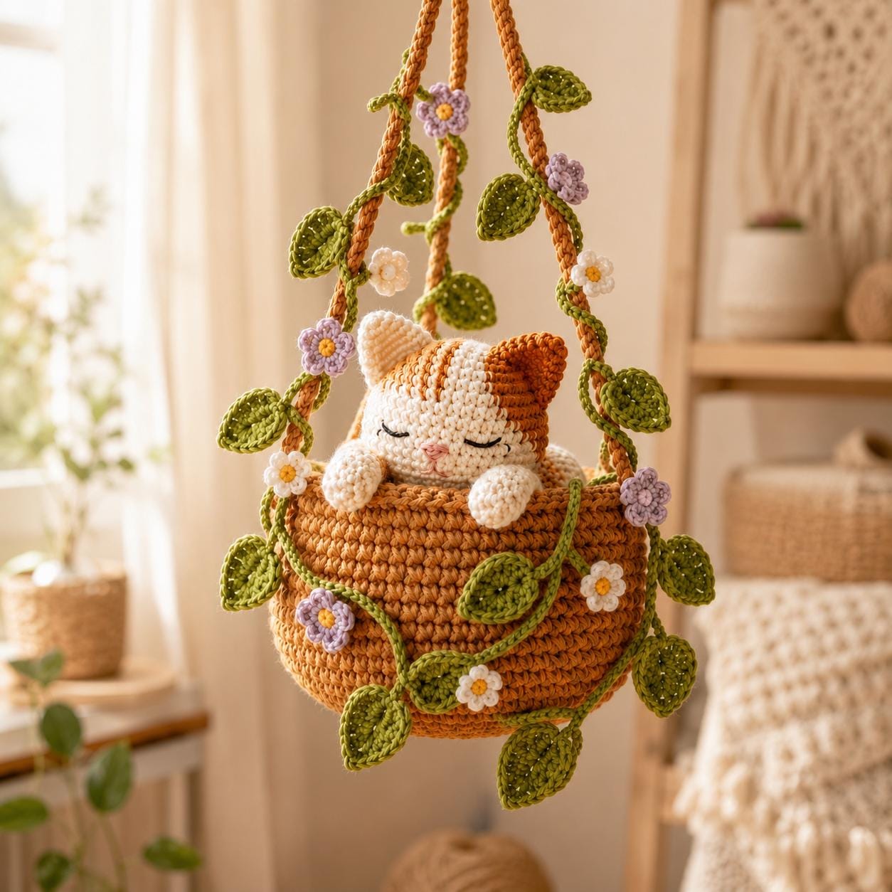 Crochet Calico Cat Hanging Plant Pot, Cute Kitten in Basket, Cat Plant Wall Decor, Unique Handcrafted Cat Lover Gift, Gift For Her