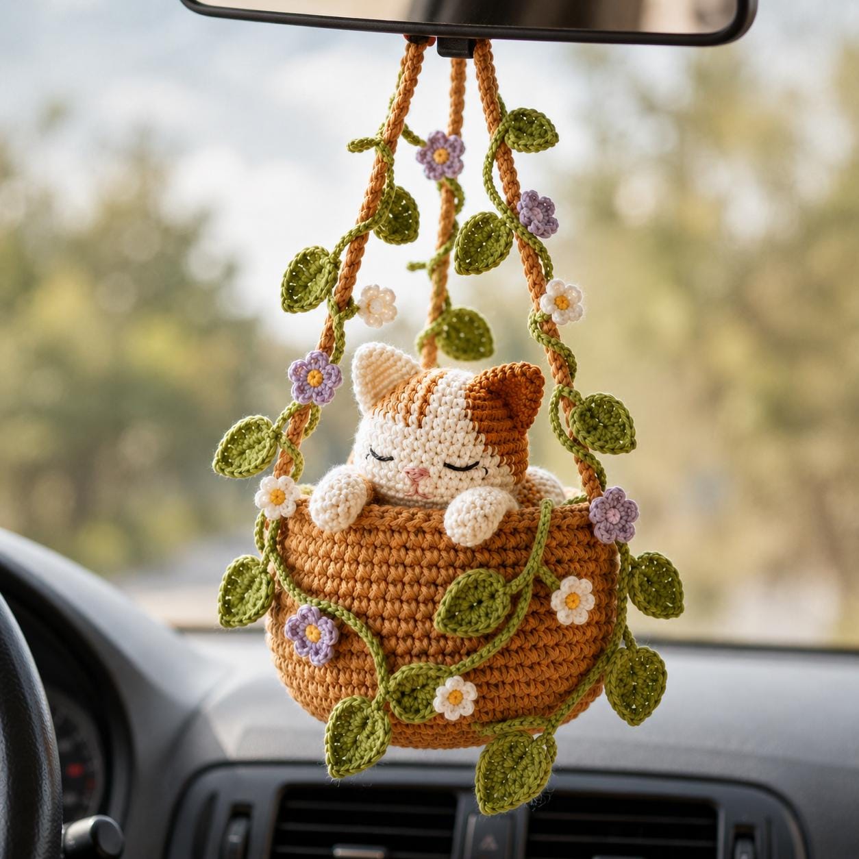 Crochet Calico Cat Hanging Plant Pot, Cute Kitten in Basket, Cat Plant Wall Decor, Unique Handcrafted Cat Lover Gift, Gift For Her