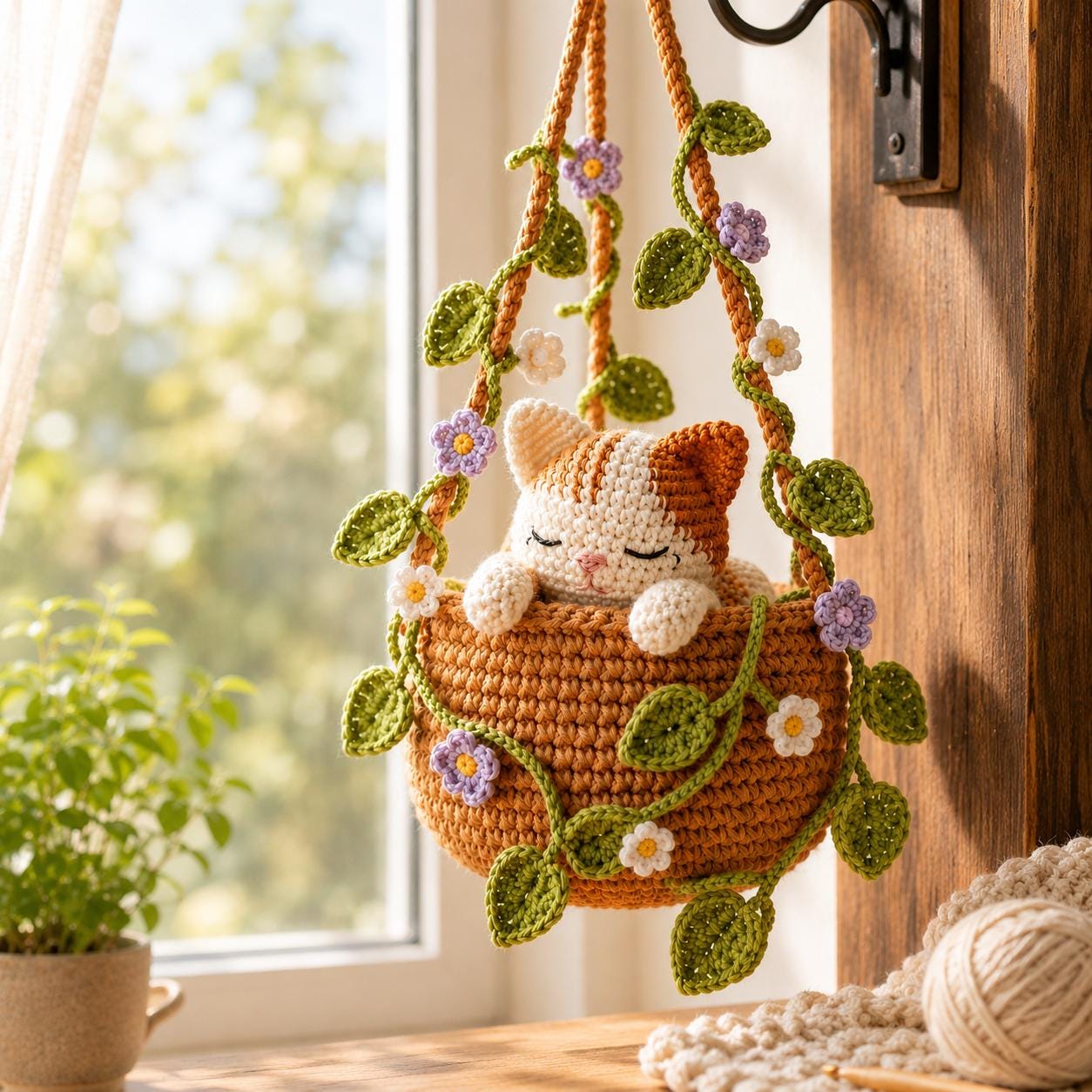 Crochet Calico Cat Hanging Plant Pot, Cute Kitten in Basket, Cat Plant Wall Decor, Unique Handcrafted Cat Lover Gift, Gift For Her