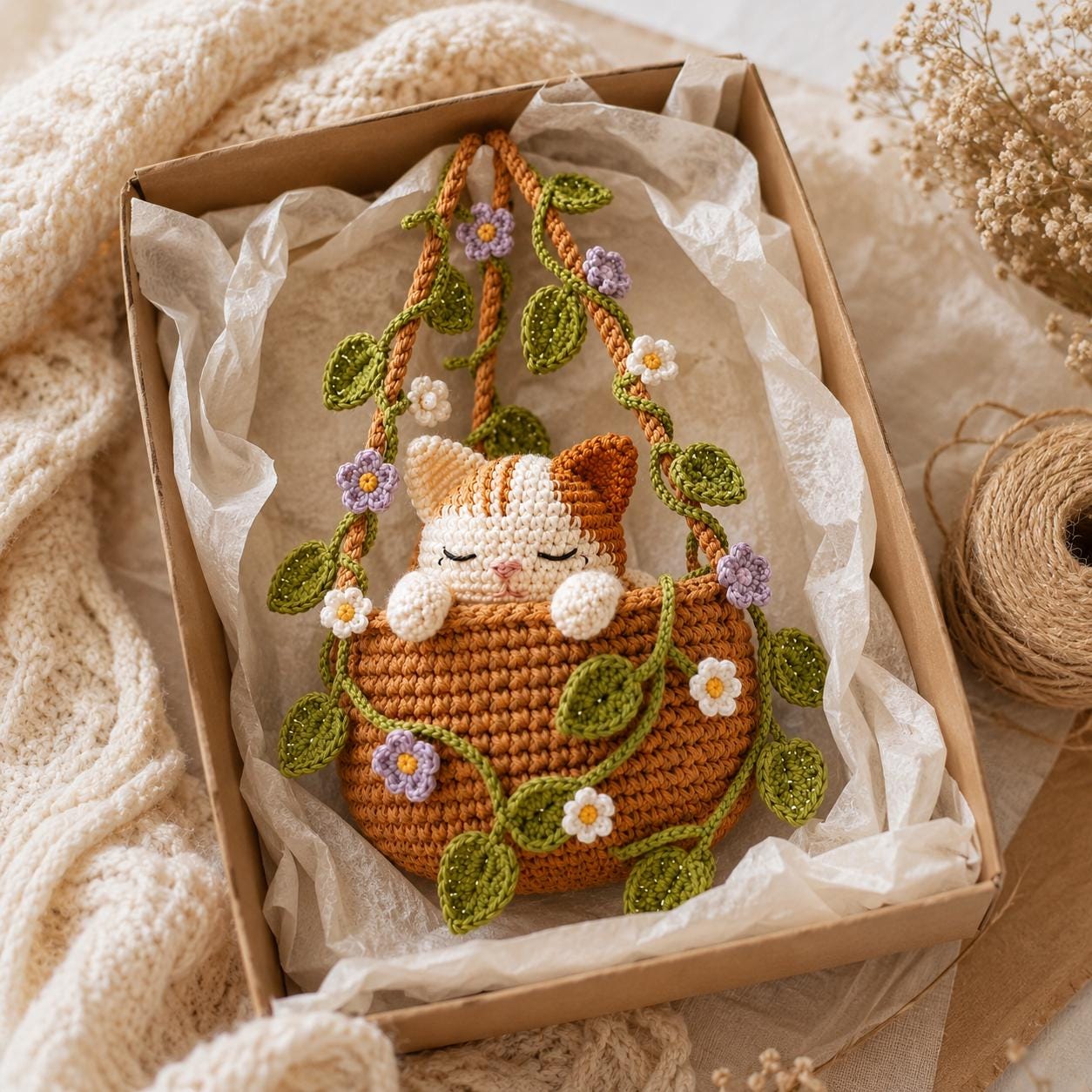 Crochet Calico Cat Hanging Plant Pot, Cute Kitten in Basket, Cat Plant Wall Decor, Unique Handcrafted Cat Lover Gift, Gift For Her
