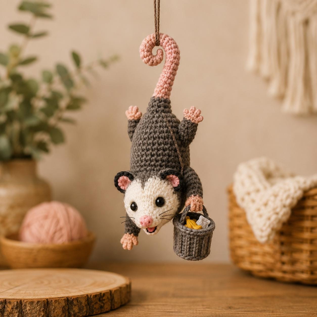 Crocheted Opossum Car Mirror Charm, Kawaii Amigurumi Rearview Accessory, Cute Hanging Decoration, Animal Lover Gift