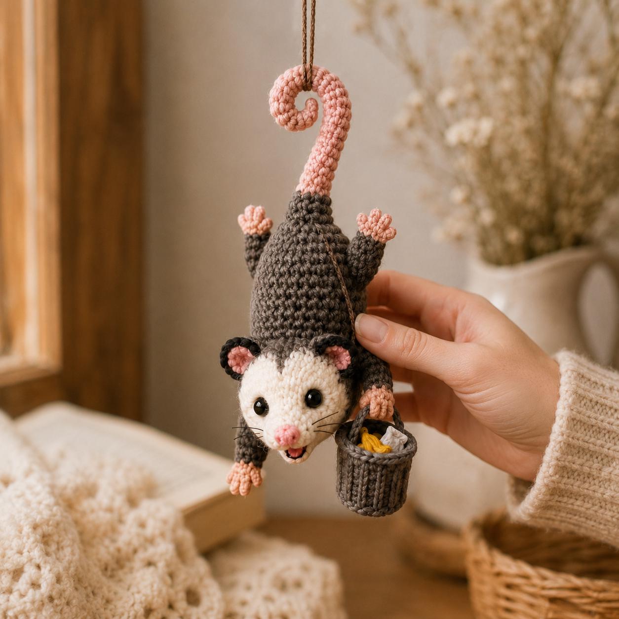 Crocheted Opossum Car Mirror Charm, Kawaii Amigurumi Rearview Accessory, Cute Hanging Decoration, Animal Lover Gift