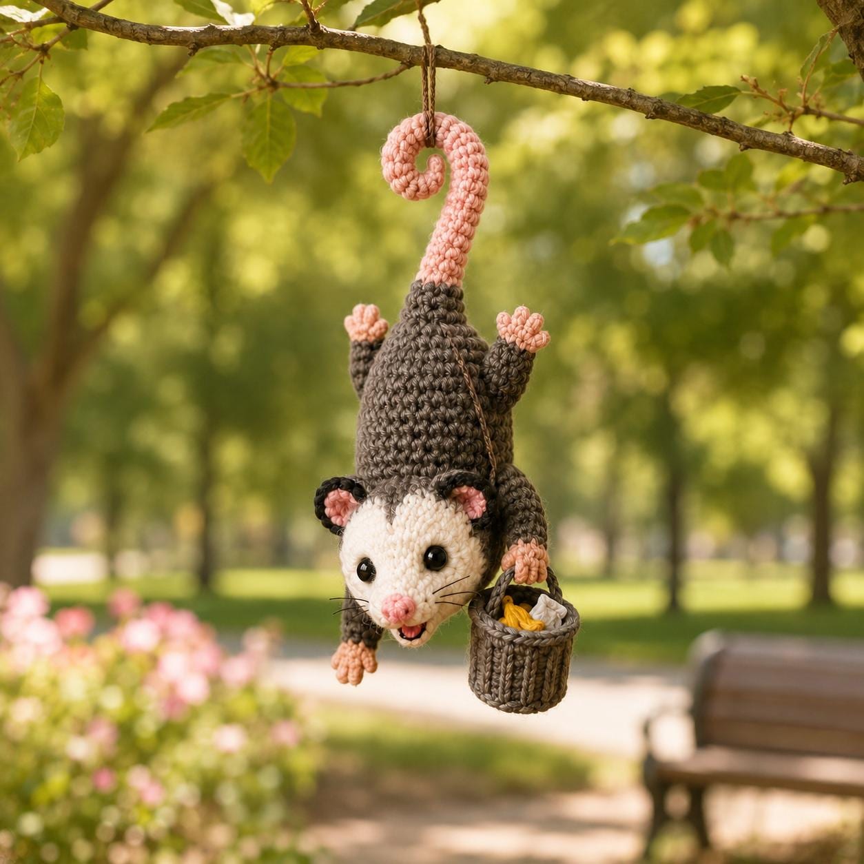 Crocheted Opossum Car Mirror Charm, Kawaii Amigurumi Rearview Accessory, Cute Hanging Decoration, Animal Lover Gift