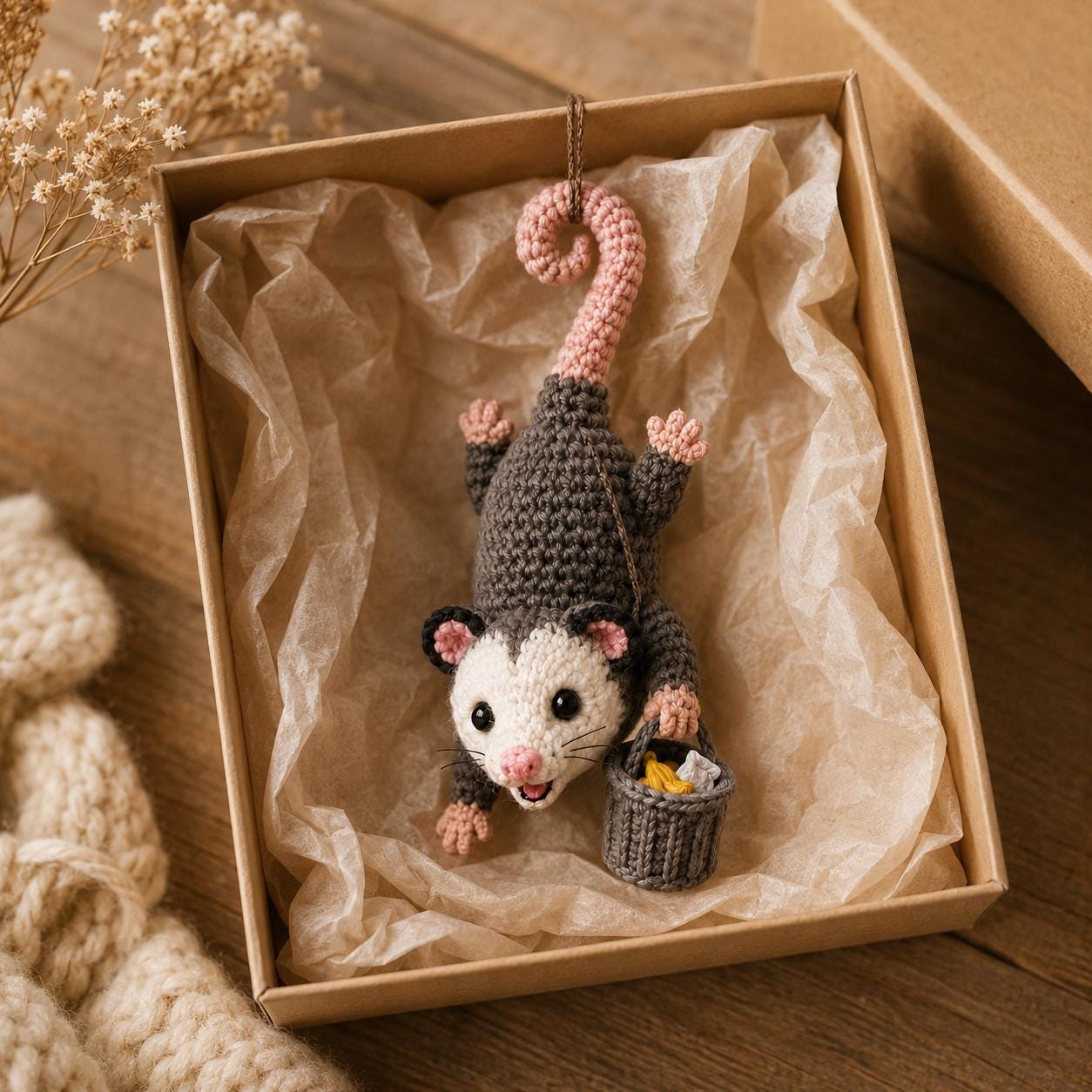Crocheted Opossum Car Mirror Charm, Kawaii Amigurumi Rearview Accessory, Cute Hanging Decoration, Animal Lover Gift