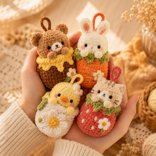 Crochet Animal Hanging Charm, Bunny Bear Chick Cat Ornament, Handmade Amigurumi Bag Charm, Cottagecore Gift, Cute Animal Decor