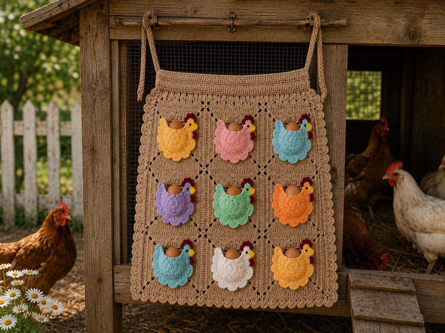 Viral Crocheted Egg Collecting Apron, Chicken Motif Pockets, Farmhouse Style Gathering Apron