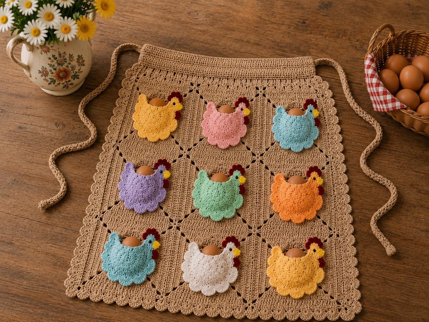 Viral Crocheted Egg Collecting Apron, Chicken Motif Pockets, Farmhouse Style Gathering Apron