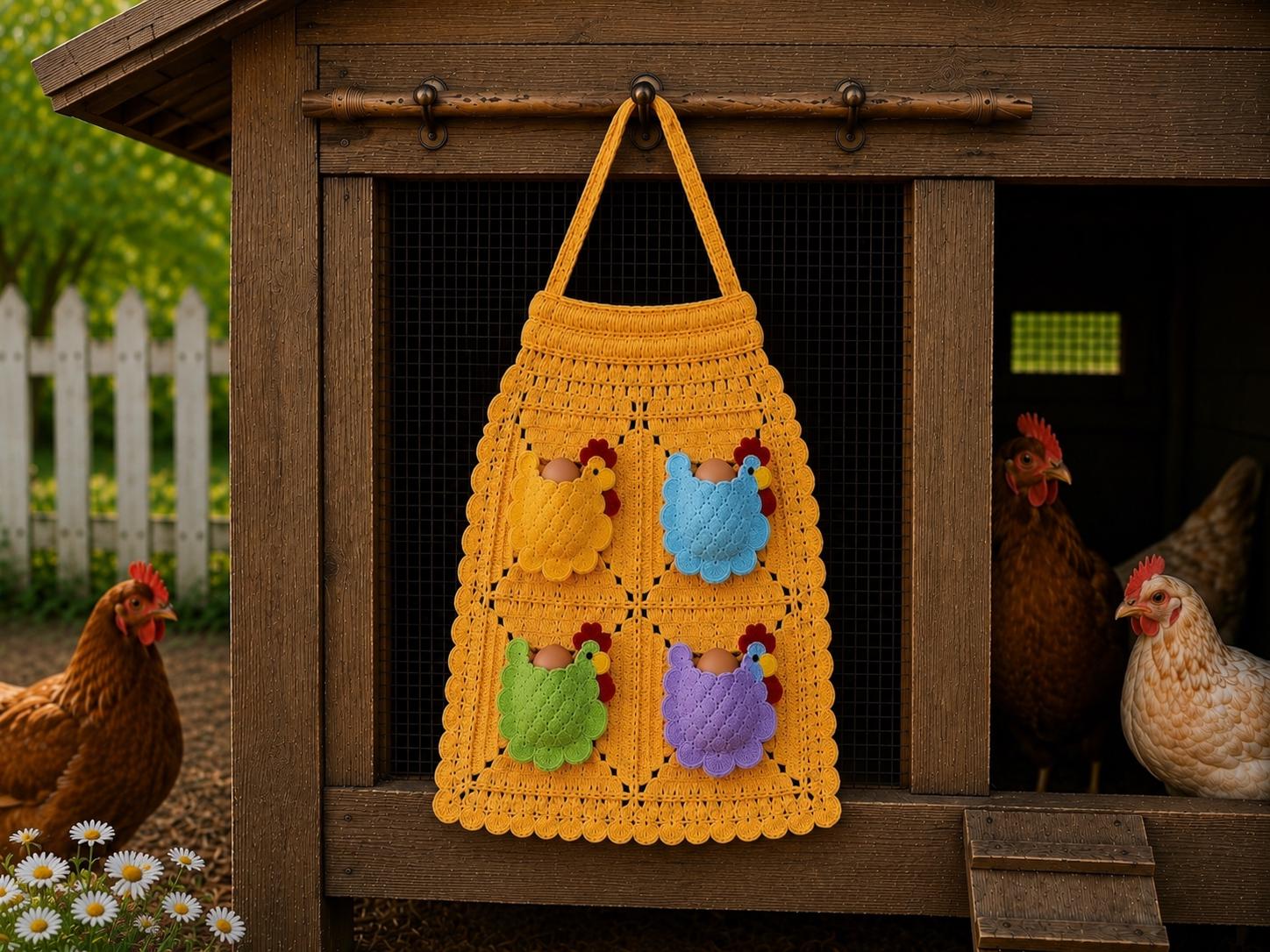 Viral Kids Crocheted Chicken Egg Collecting Apron, Farmhouse Coop Pockets, Handmade Knitted Design