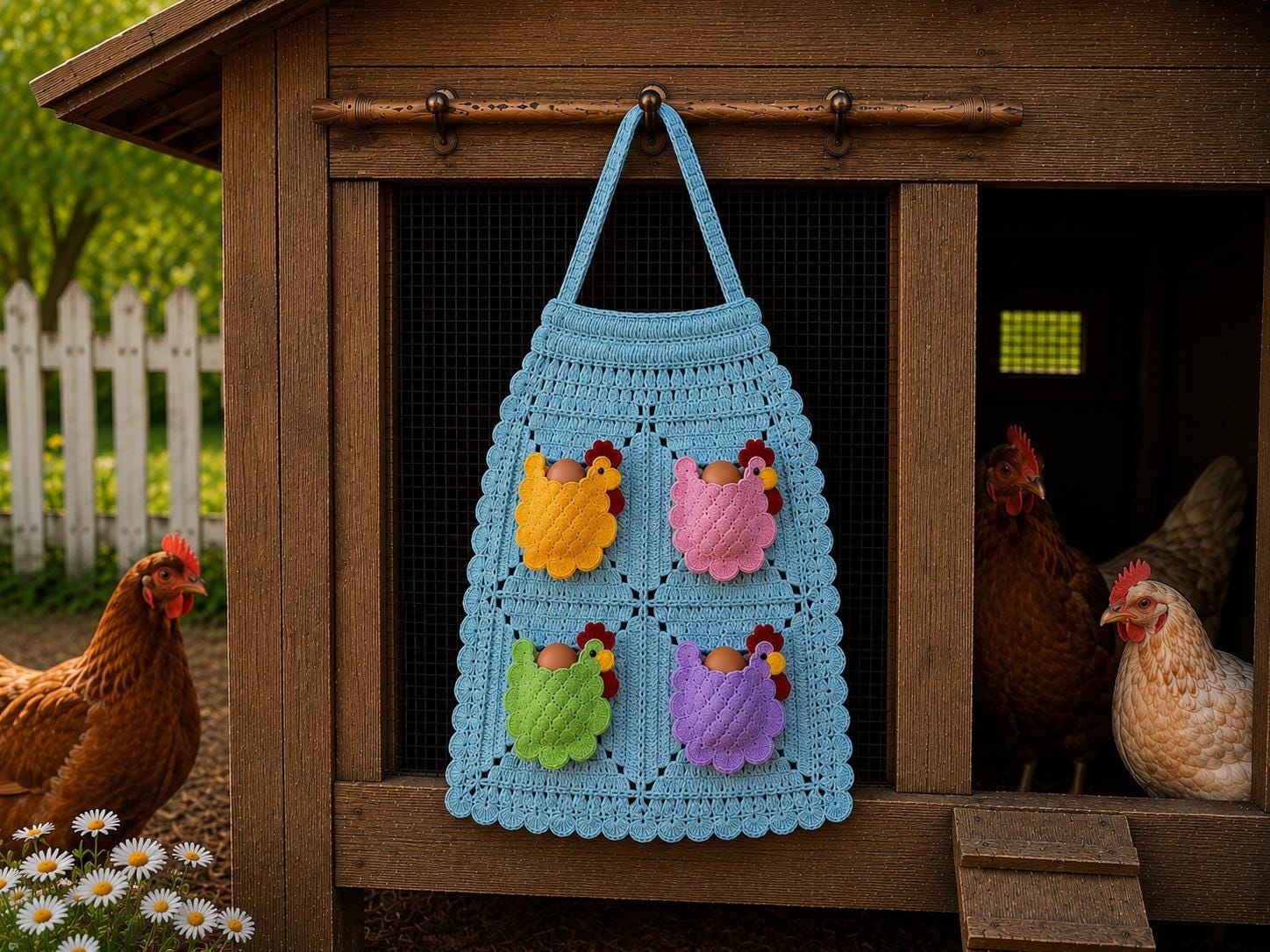 Viral Kids Crocheted Chicken Egg Collecting Apron, Farmhouse Coop Pockets, Handmade Knitted Design