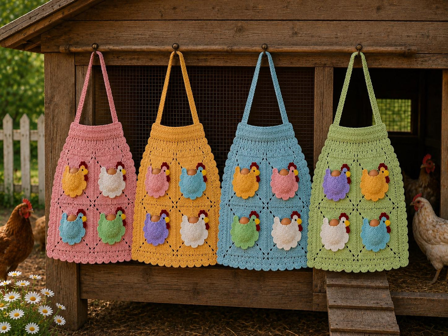 Viral Kids Crocheted Chicken Egg Collecting Apron, Farmhouse Coop Pockets, Handmade Knitted Design