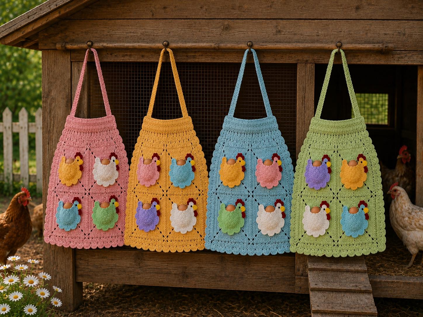 Viral Kids Crocheted Chicken Egg Collecting Apron, Farmhouse Coop Pockets, Handmade Knitted Design