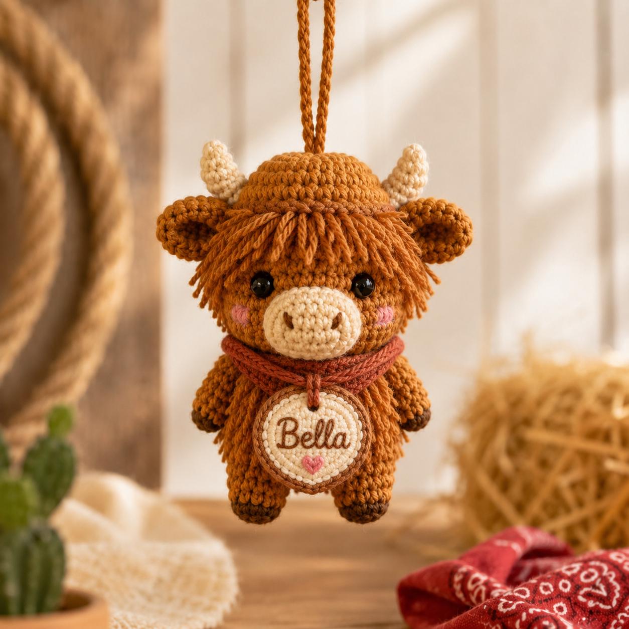 Personalized Highland Cow Crochet Car Charm, Custom Name Amigurumi Cow Rearview Mirror Accessory, Cute Farm Animal Plush Gift for New Driver