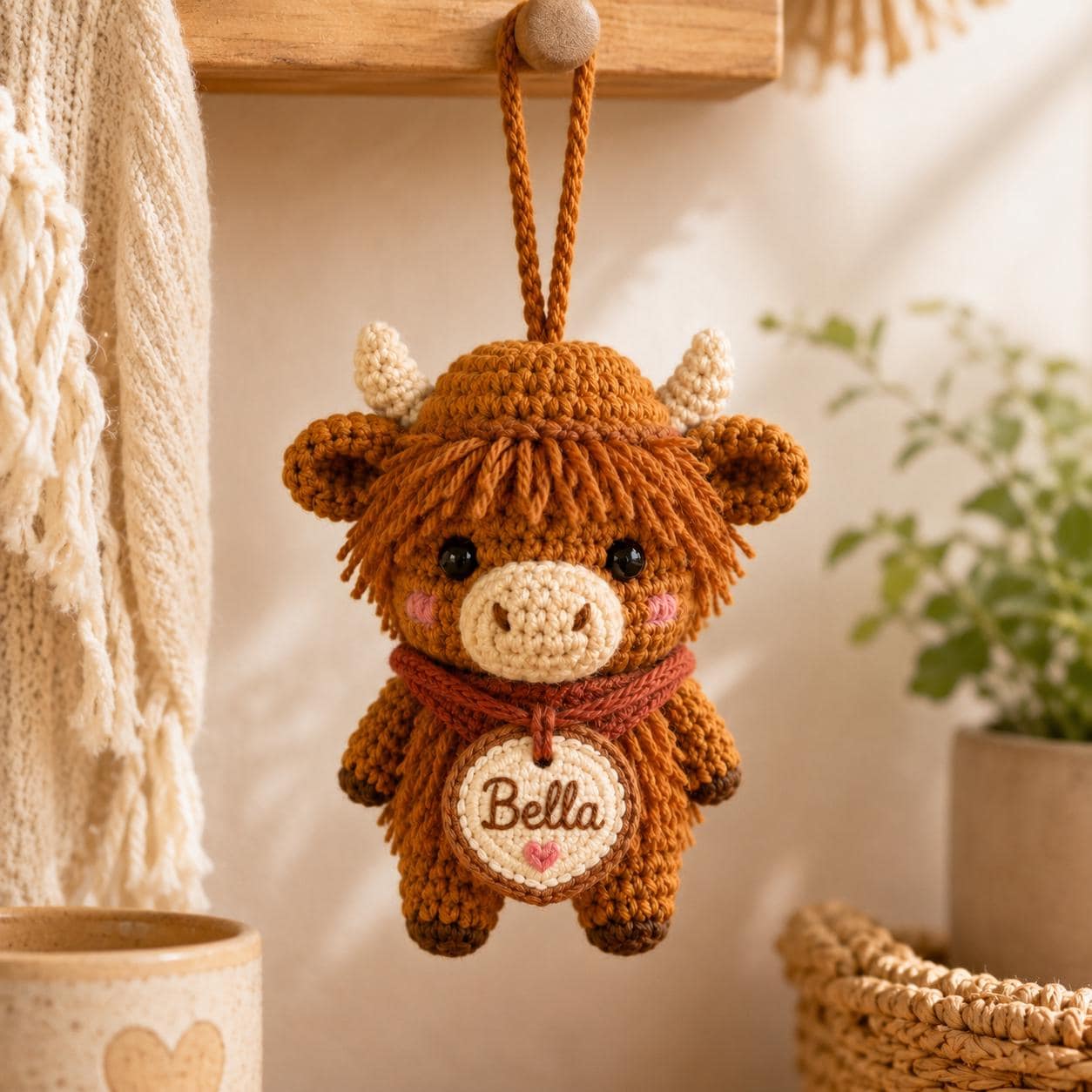 Personalized Highland Cow Crochet Car Charm, Custom Name Amigurumi Cow Rearview Mirror Accessory, Cute Farm Animal Plush Gift for New Driver