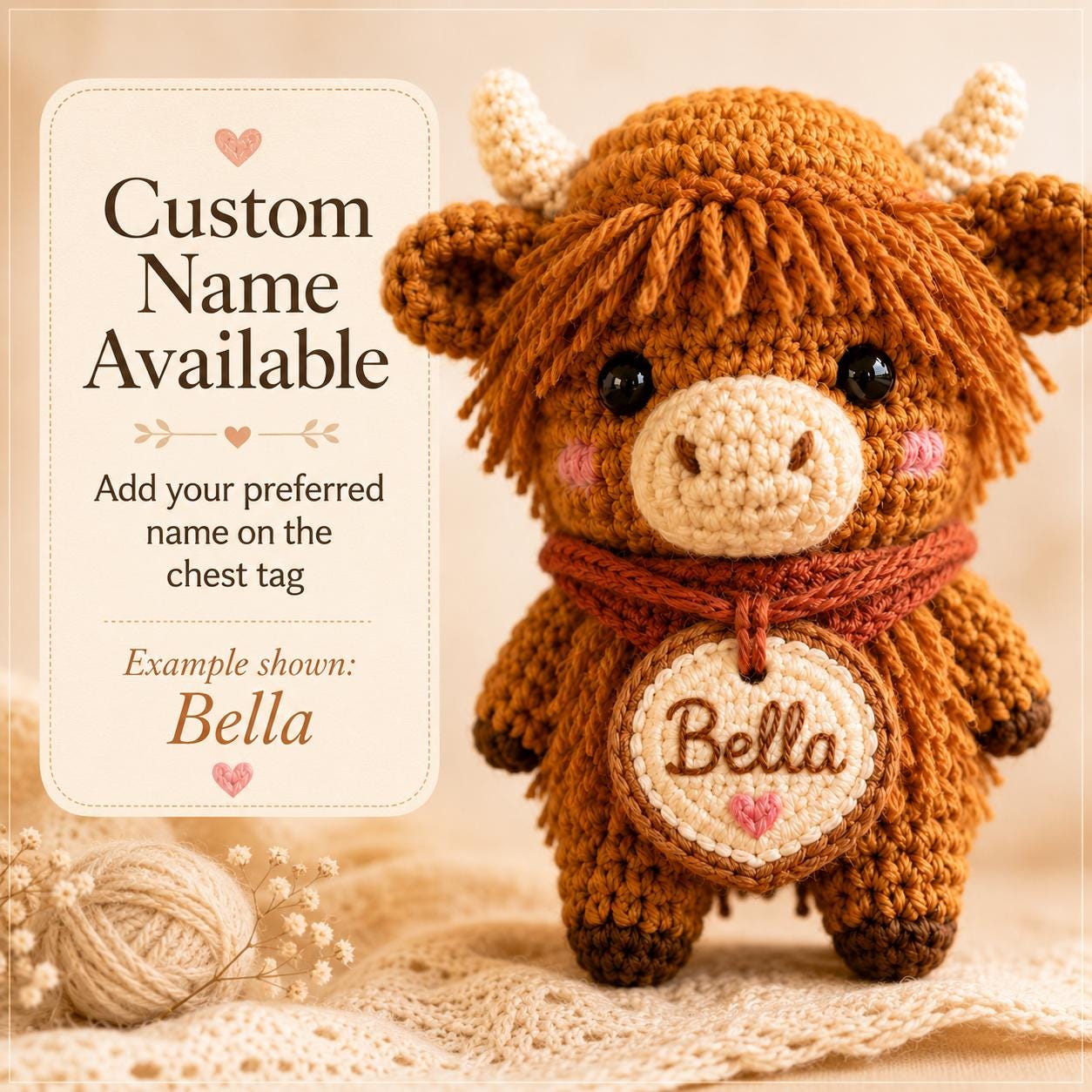 Personalized Highland Cow Crochet Car Charm, Custom Name Amigurumi Cow Rearview Mirror Accessory, Cute Farm Animal Plush Gift for New Driver