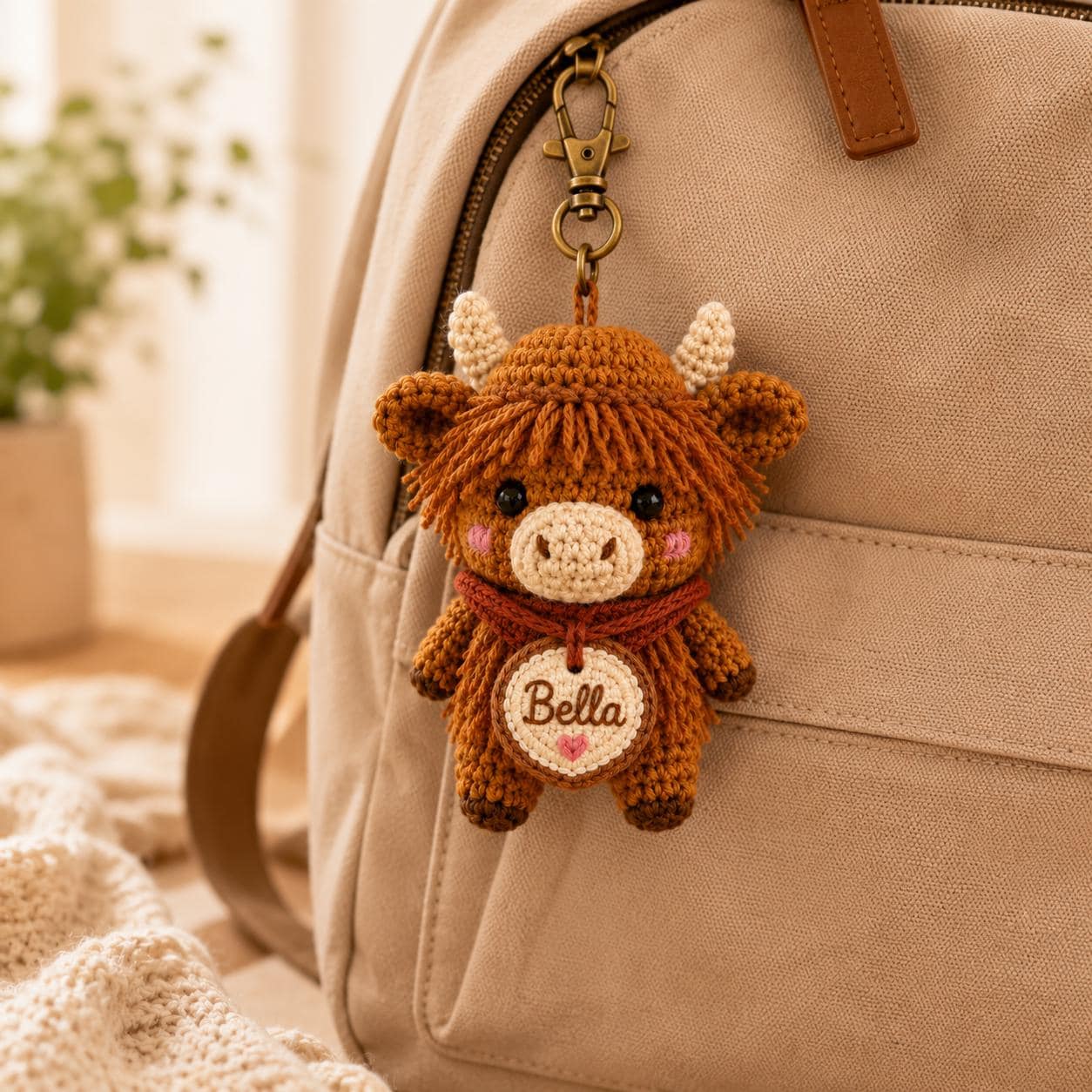 Personalized Highland Cow Crochet Car Charm, Custom Name Amigurumi Cow Rearview Mirror Accessory, Cute Farm Animal Plush Gift for New Driver