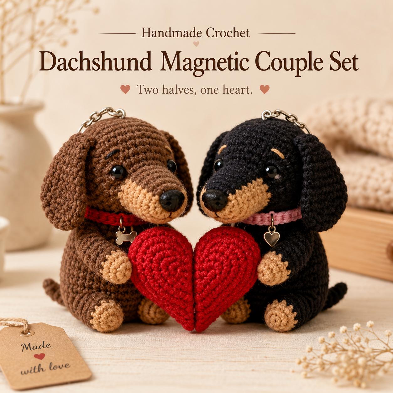 Magnetic Dachshund Couple Keychain Set, Crochet Wiener Dog Plush, Matching Couple Gift, Long Distance Relationship, Dog Lover Gift