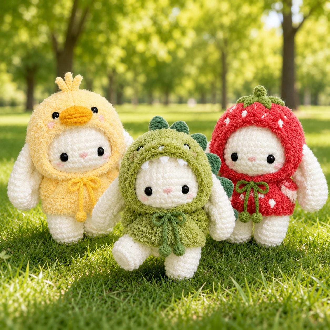Kawaii Crochet Bunny Plush in Animal Costume, Amigurumi Stuffed Rabbit Toy, Cute Strawberry Dinosaur Duck Bunny Gift, Nursery Room Decor