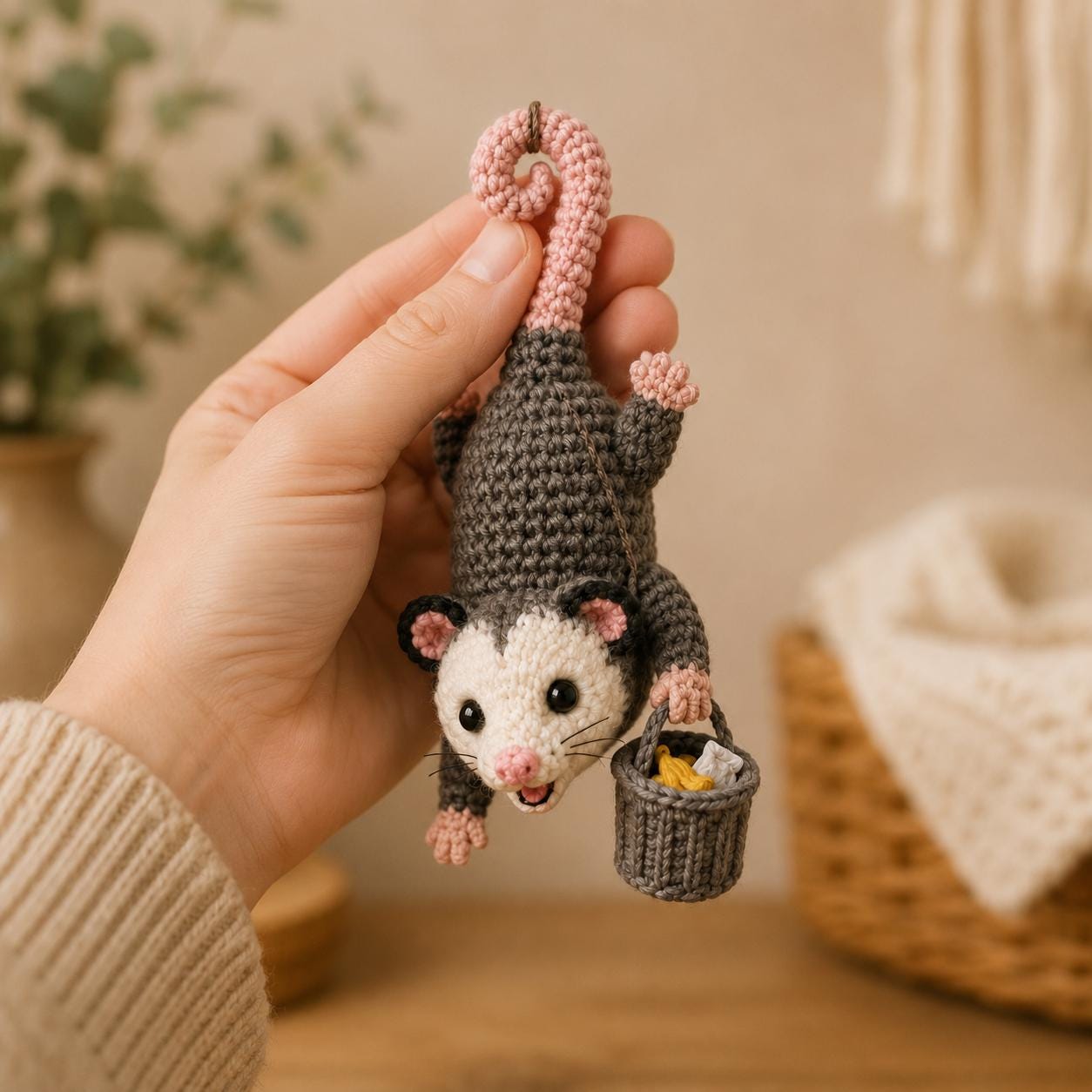 Crocheted Opossum Car Mirror Charm, Kawaii Amigurumi Rearview Accessory, Cute Hanging Decoration, Animal Lover Gift