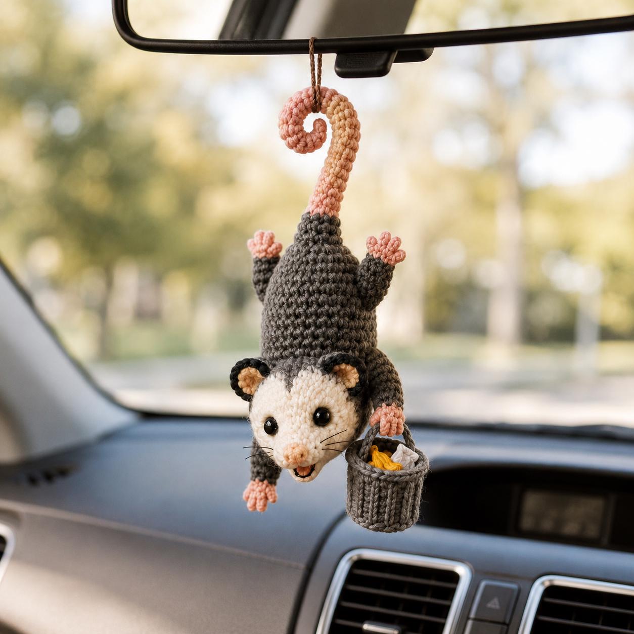 Crocheted Opossum Car Mirror Charm, Kawaii Amigurumi Rearview Accessory, Cute Hanging Decoration, Animal Lover Gift