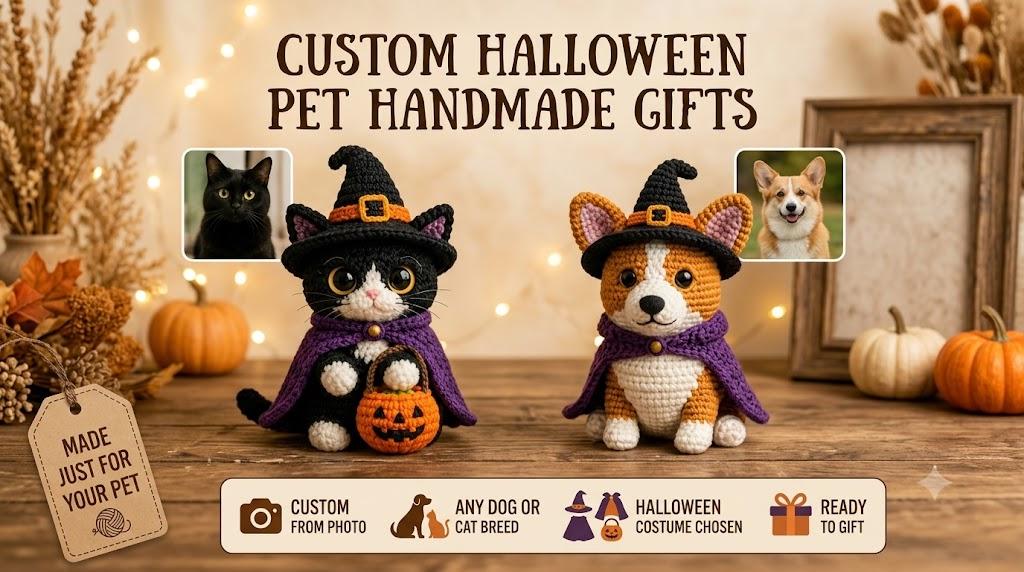 Custom Halloween Pet Portrait Crochet Plush From Photo, Personalized Dog Cat Witch Car Charm, Spooky Pumpkin Bag Clip, Pet Lover Gift